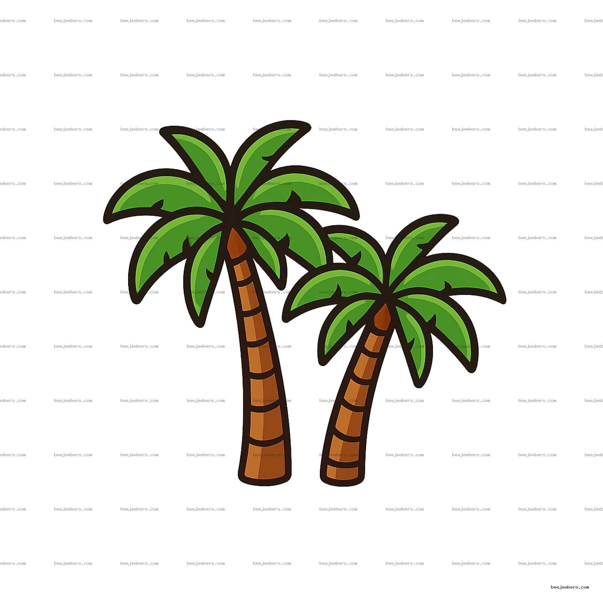Cartoon style palm trees with green leaves and brown trunks in vector PNG format