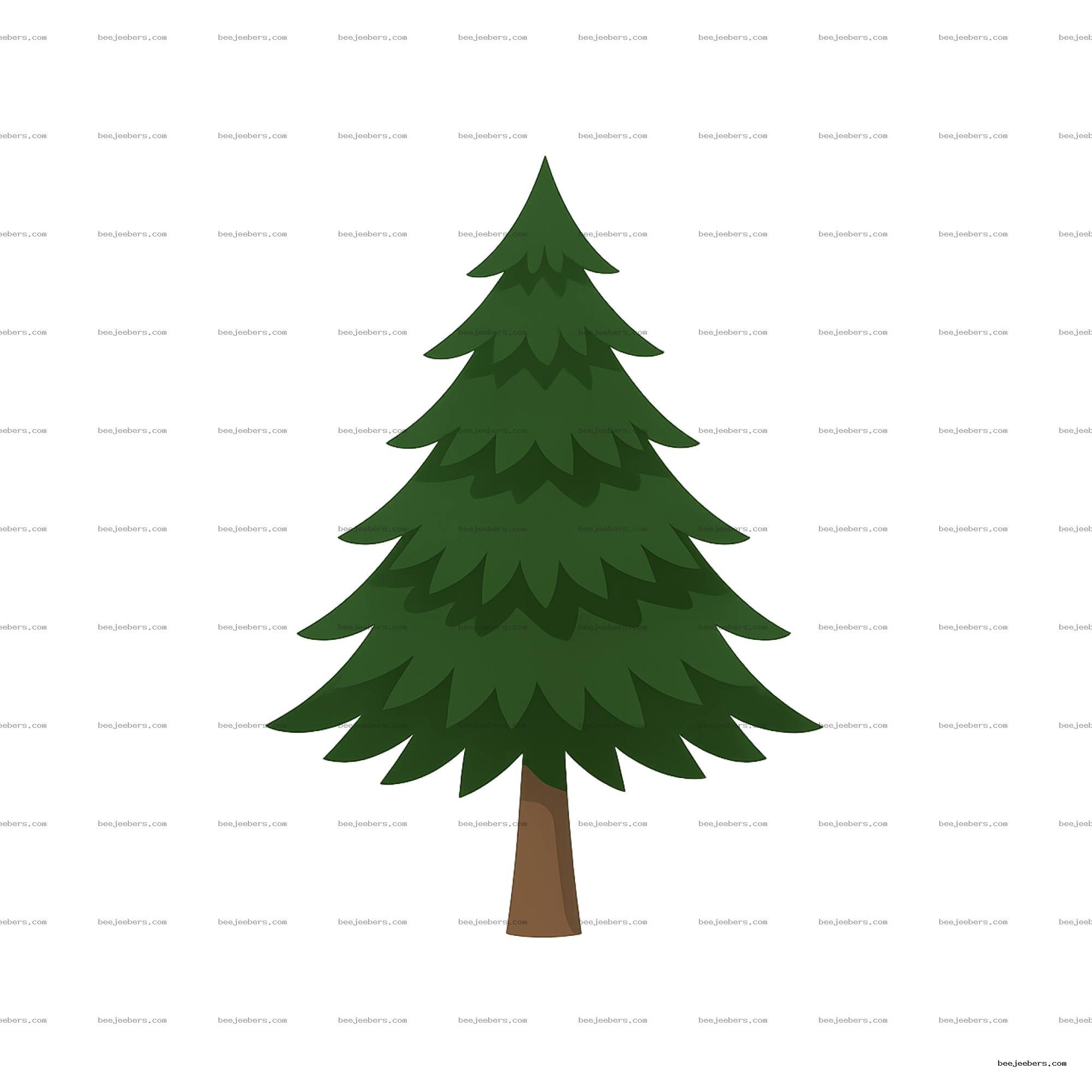 Clean vector pine tree PNG with layered green branches and brown trunk on transparent background