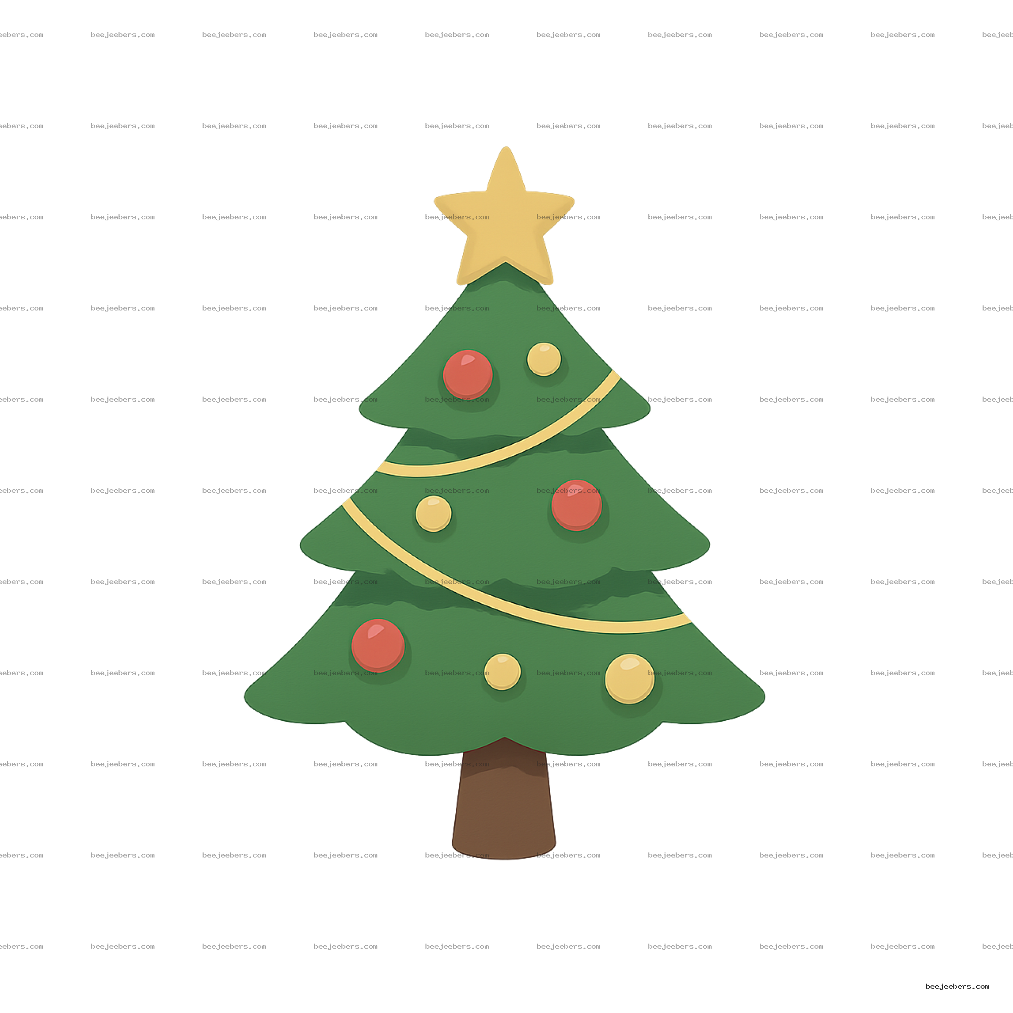 Clean vector Christmas tree PNG decorated with red and yellow ornaments, yellow ribbons, and a gold star on top