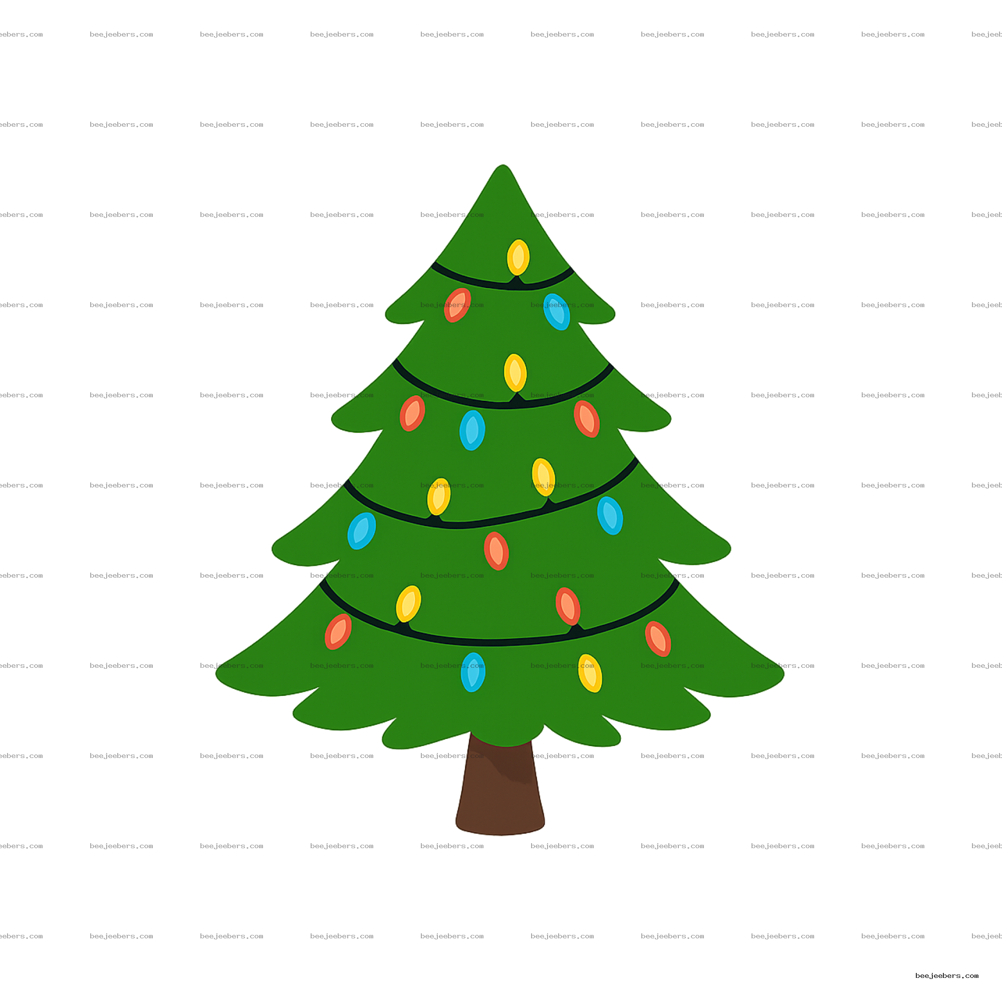 Clean vector Christmas tree decorated with red, yellow, and blue lights on a transparent background