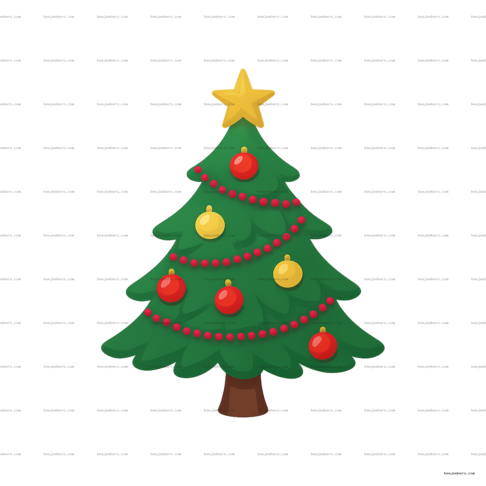 Clean vector Christmas tree decorated with red and yellow ornaments and star topper on transparent background