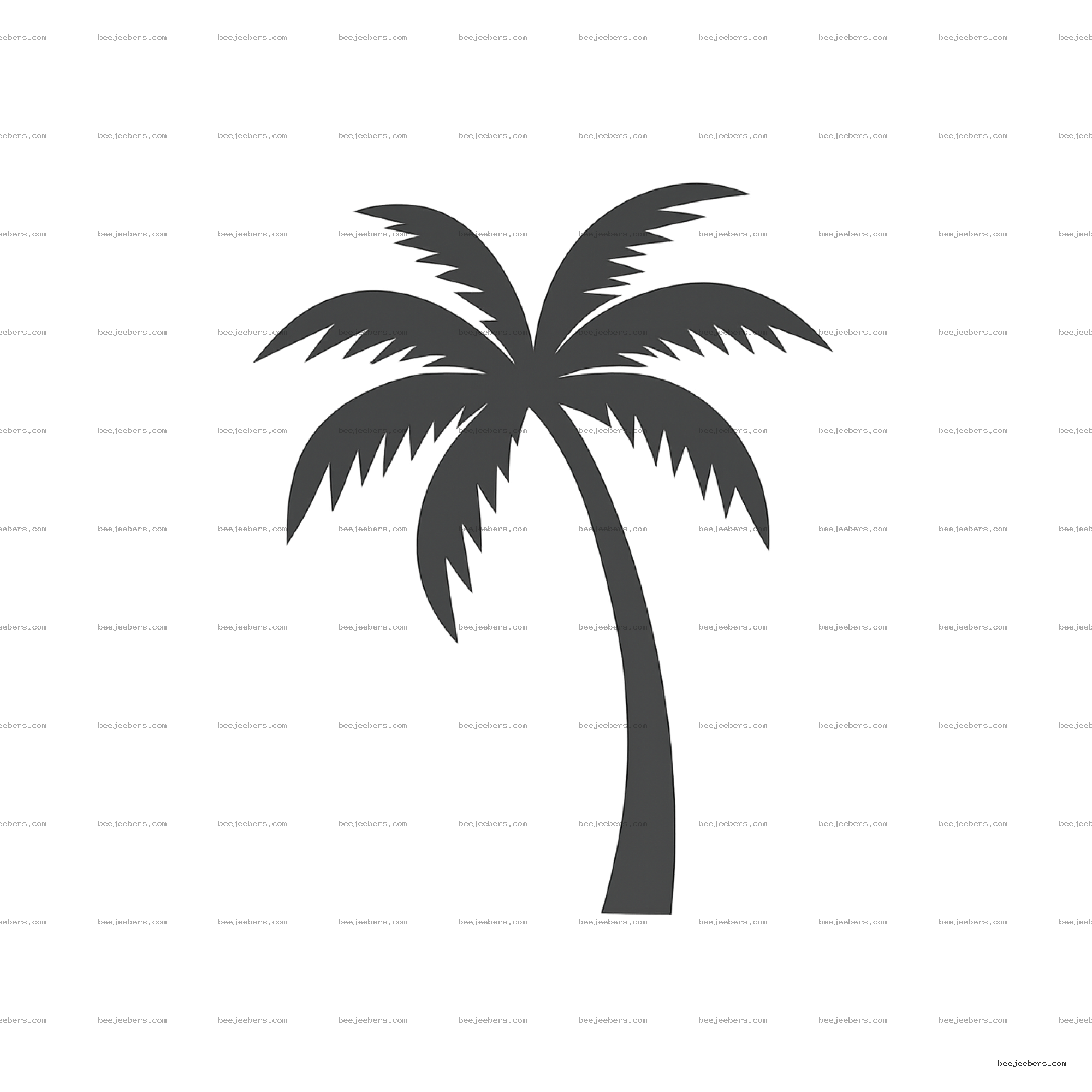 Black palm tree shadow silhouette with jagged fronds and curved trunk on transparent background