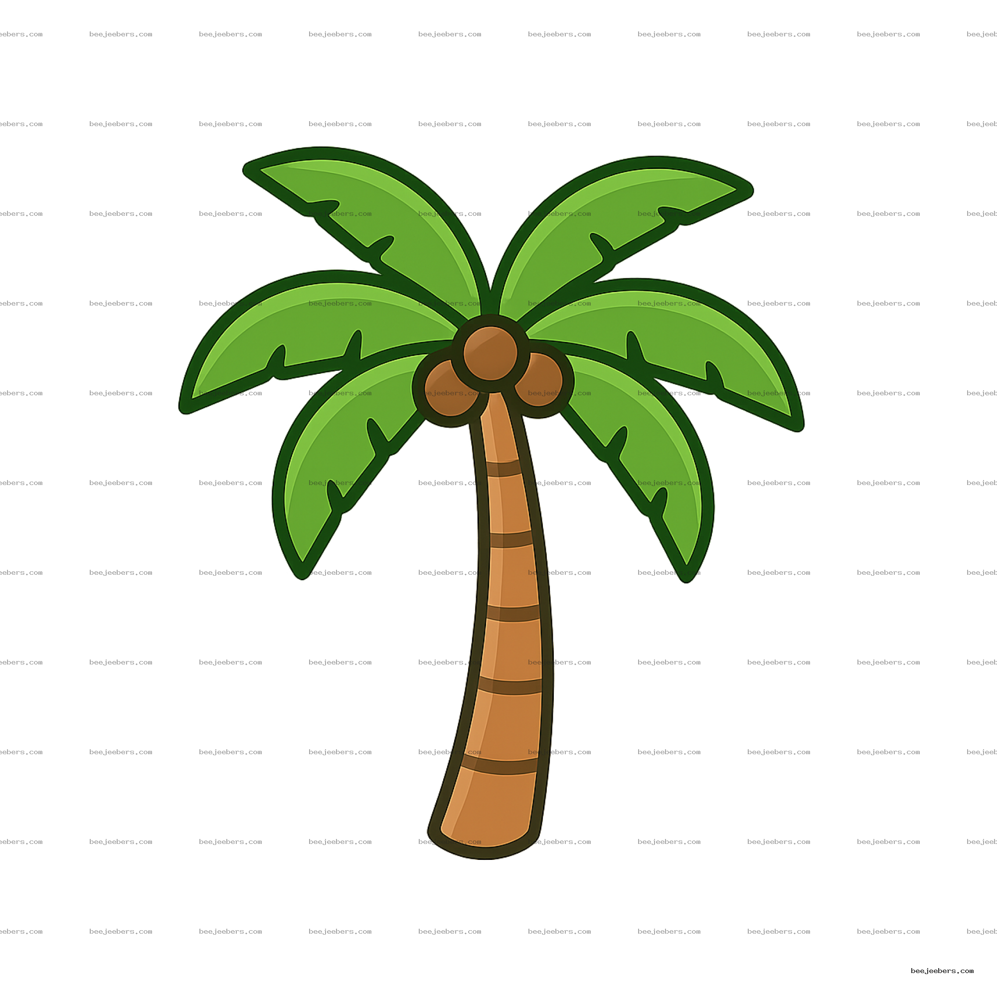 Cartoon style palm tree with large green leaves and coconuts in clean vector design, transparent background