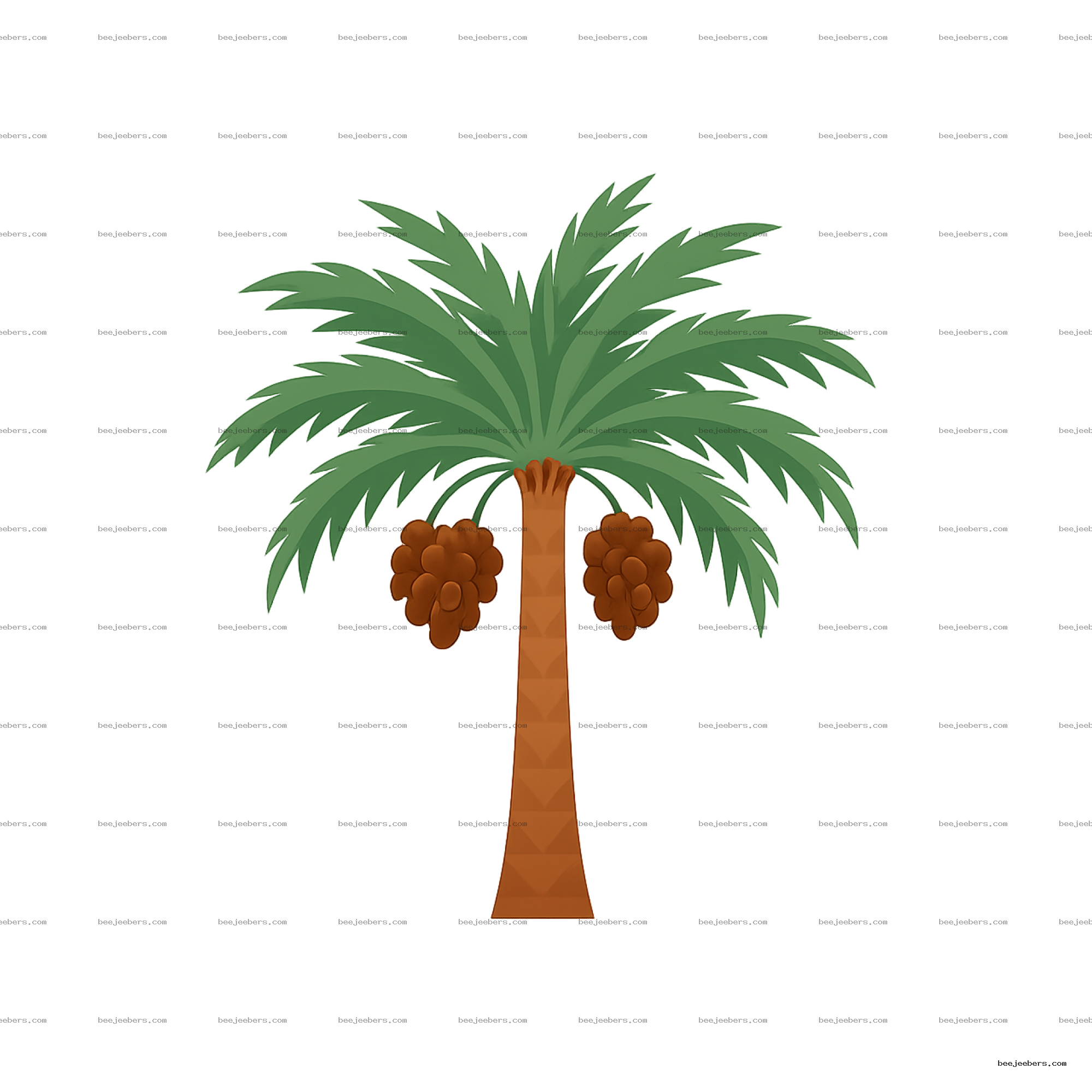 Vector illustration of a date palm tree with green leaves and brown date clusters on transparent background