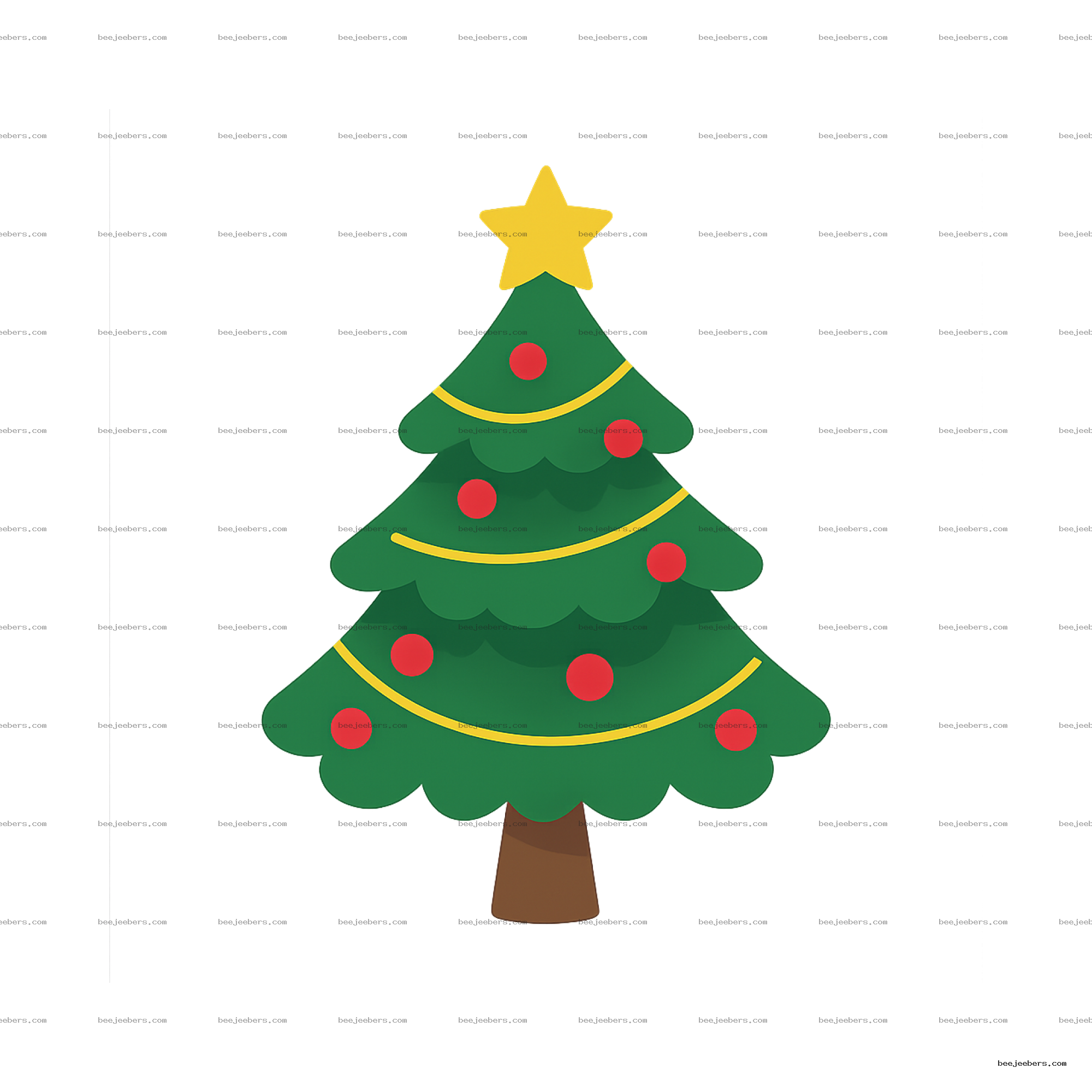 Clean vector Christmas tree with yellow star, red ornaments, and yellow garlands on transparent background