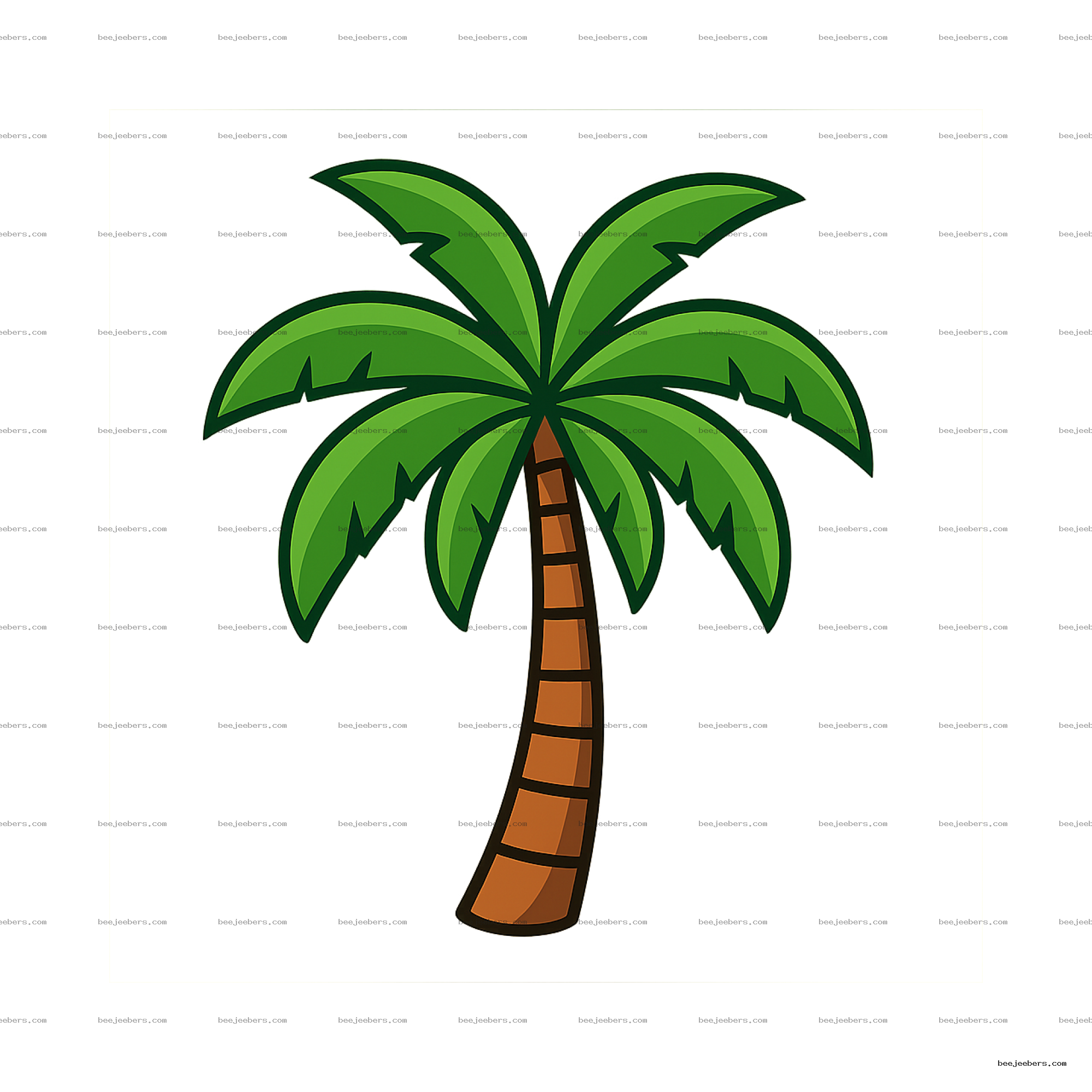 Cartoon style palm tree clipart with green leaves and brown trunk on transparent background