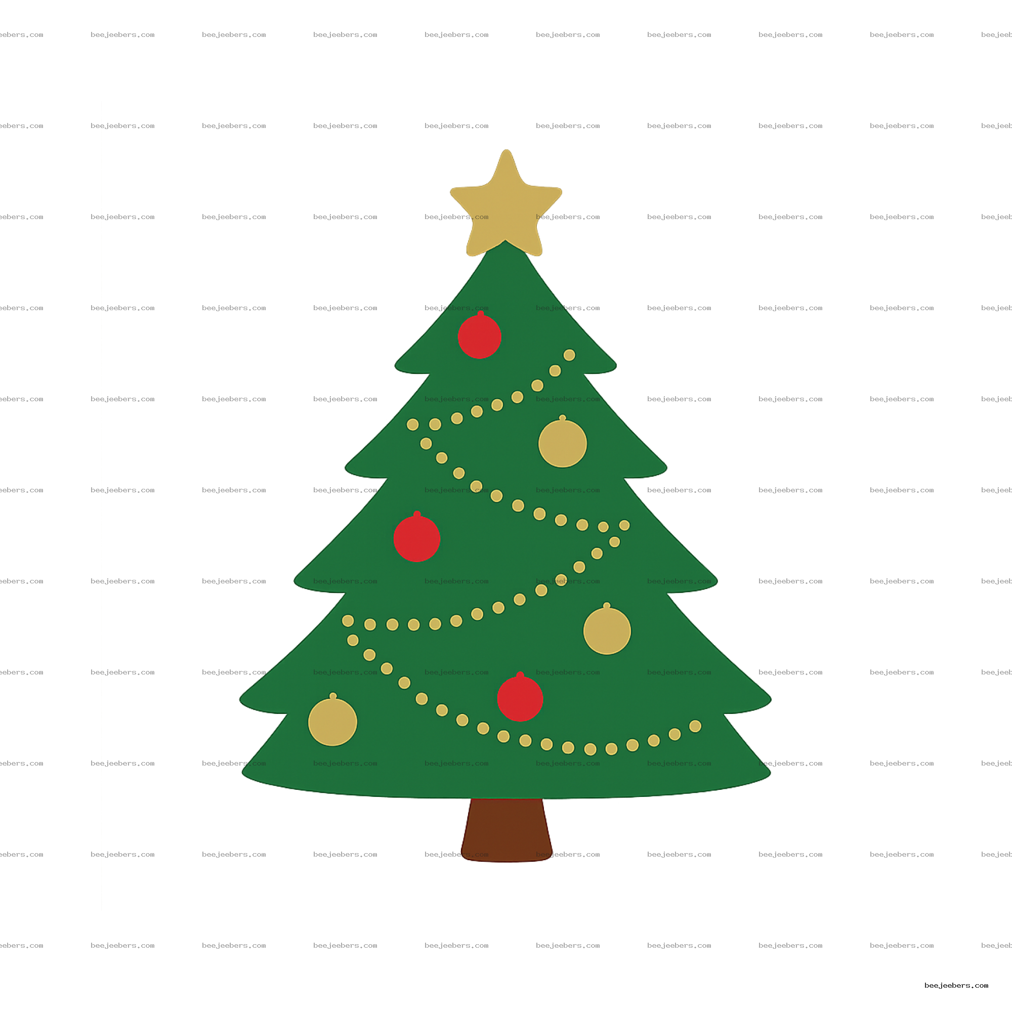 Clean vector image of a decorated Christmas tree with red and gold ornaments and a gold star on top, transparent background