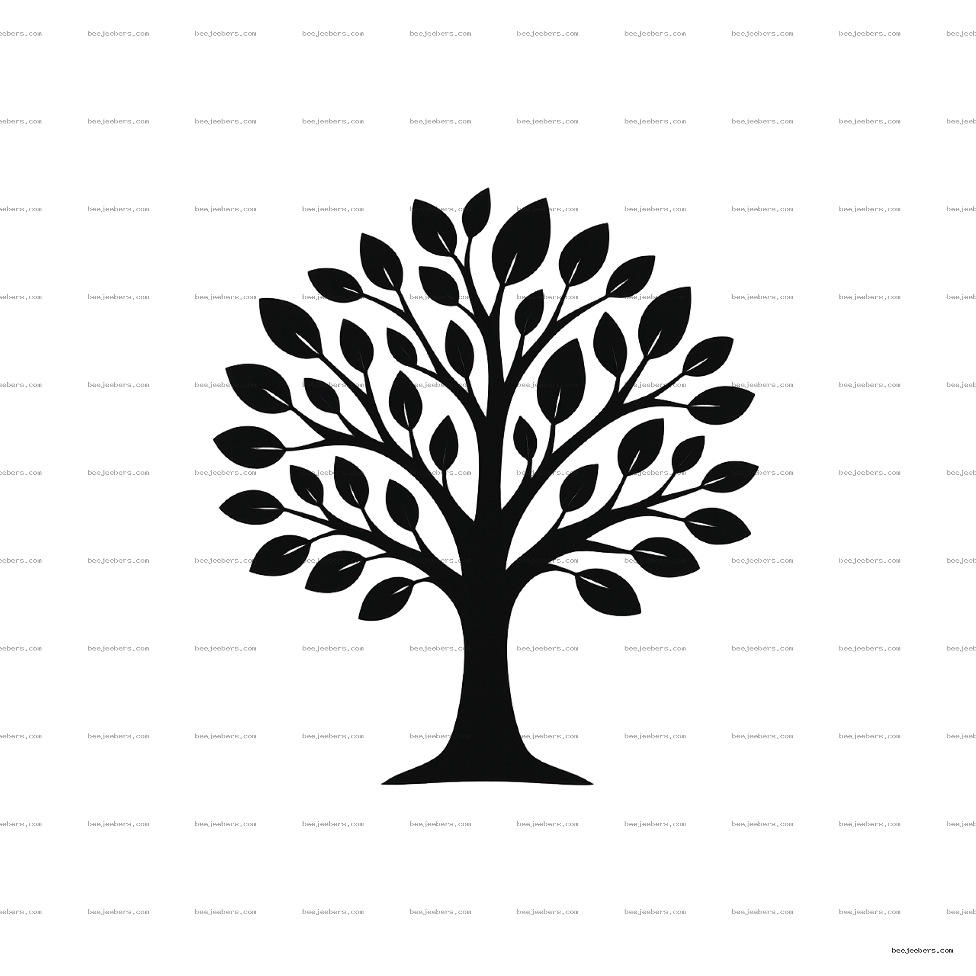 Black tree silhouette with stylized leaves on transparent background, clean vector PNG for digital design.