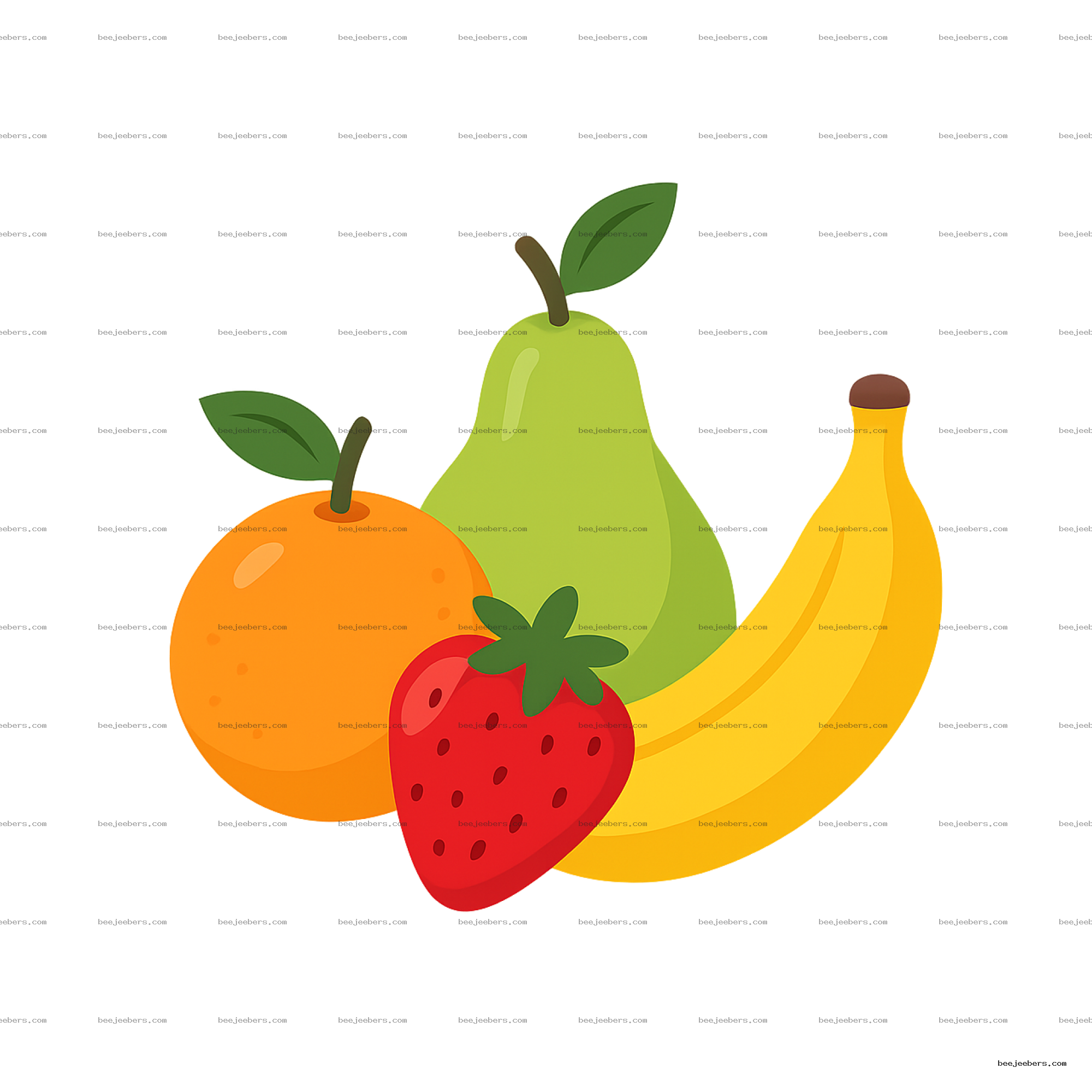 Vector illustration of mixed fruits including orange, pear, strawberry, and banana with transparent background
