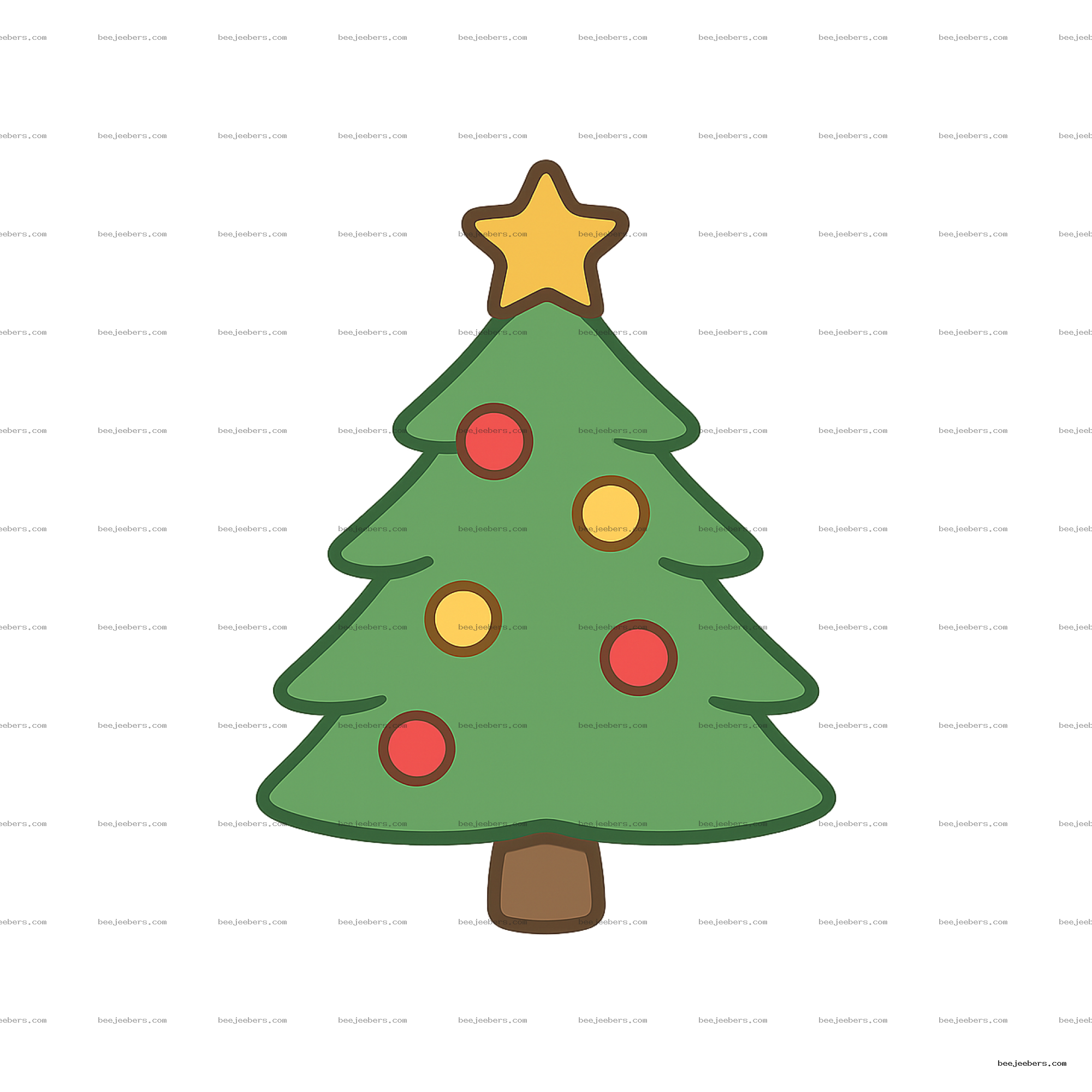 Vector Christmas tree emoji with star top and colorful ornaments on transparent background