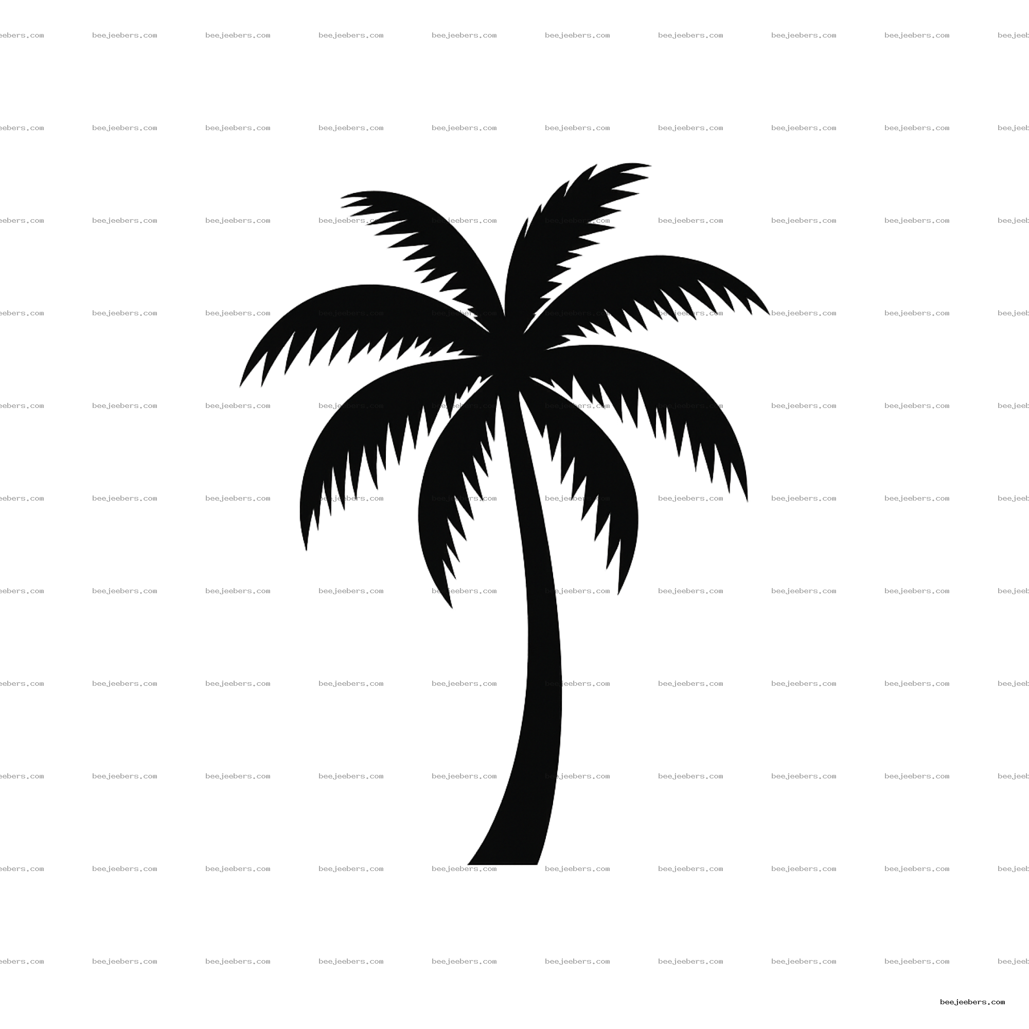Clean black silhouette of a coconut tree with curved trunk and palm leaves on transparent background