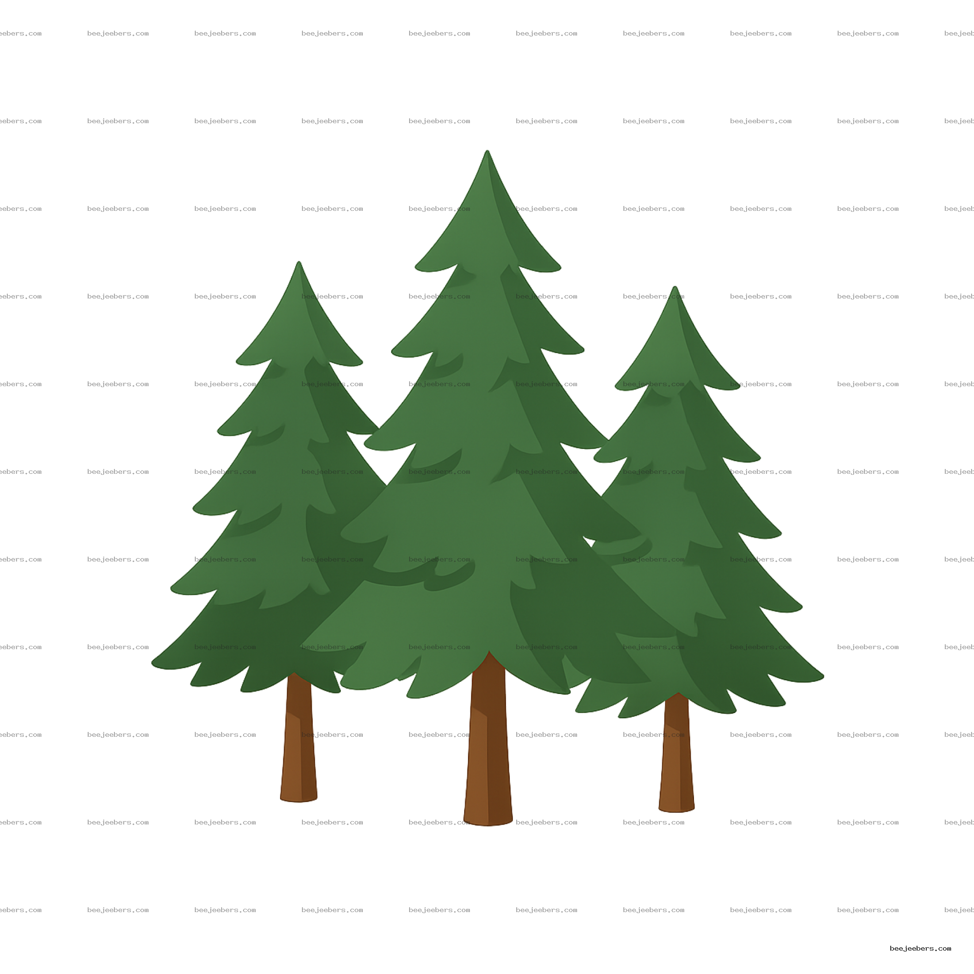 Clean vector PNG of three green pine trees with brown trunks on a transparent background