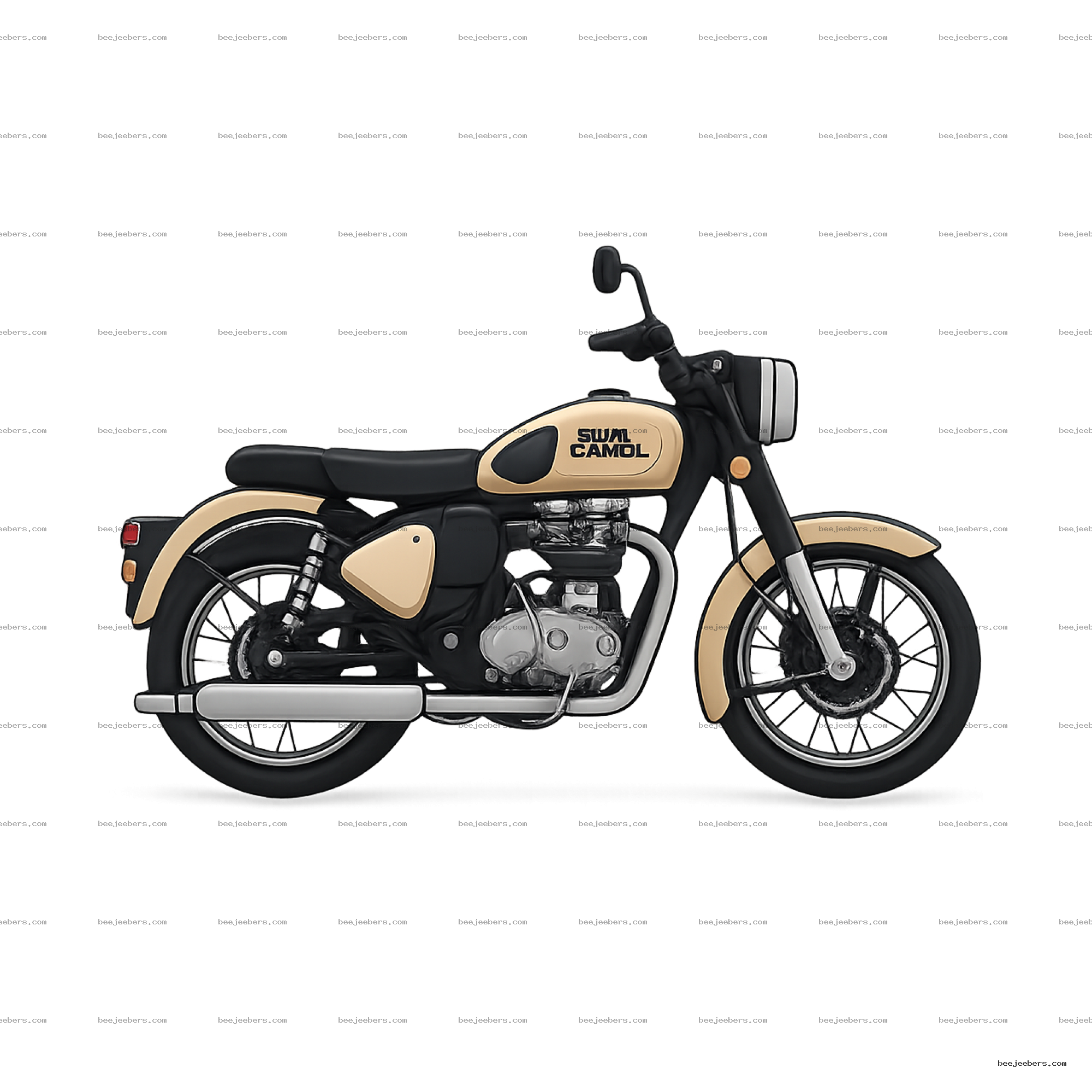 Side view of a clean vector vintage beige and black motorcycle on transparent background