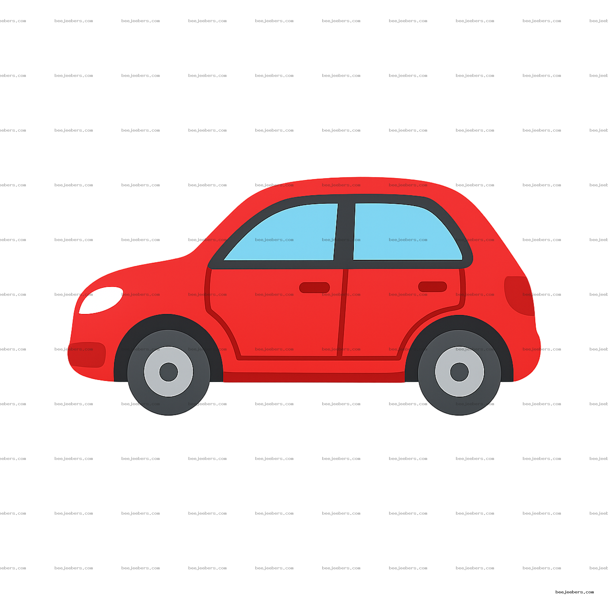 Clean side view red car vector illustration with blue windows and black wheels PNG