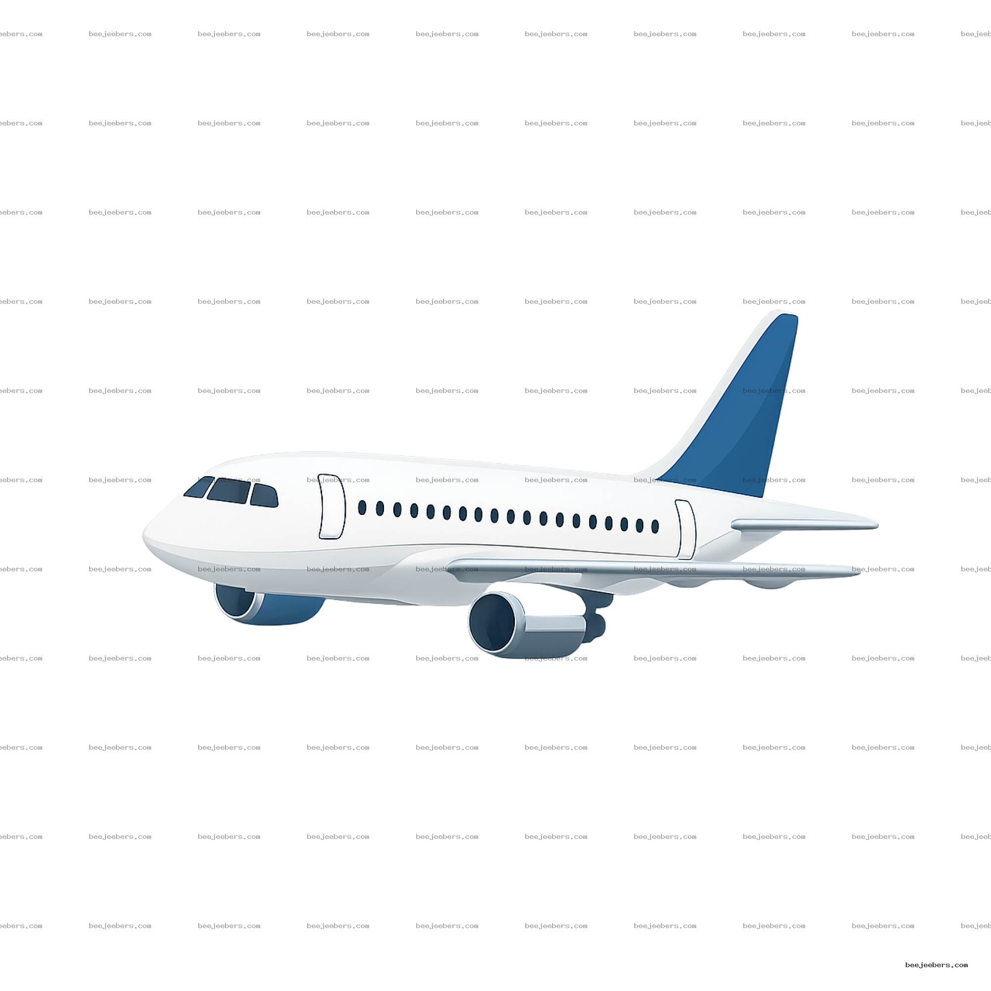 Clean vector illustration of a white commercial airplane with blue tail and engines on transparent background