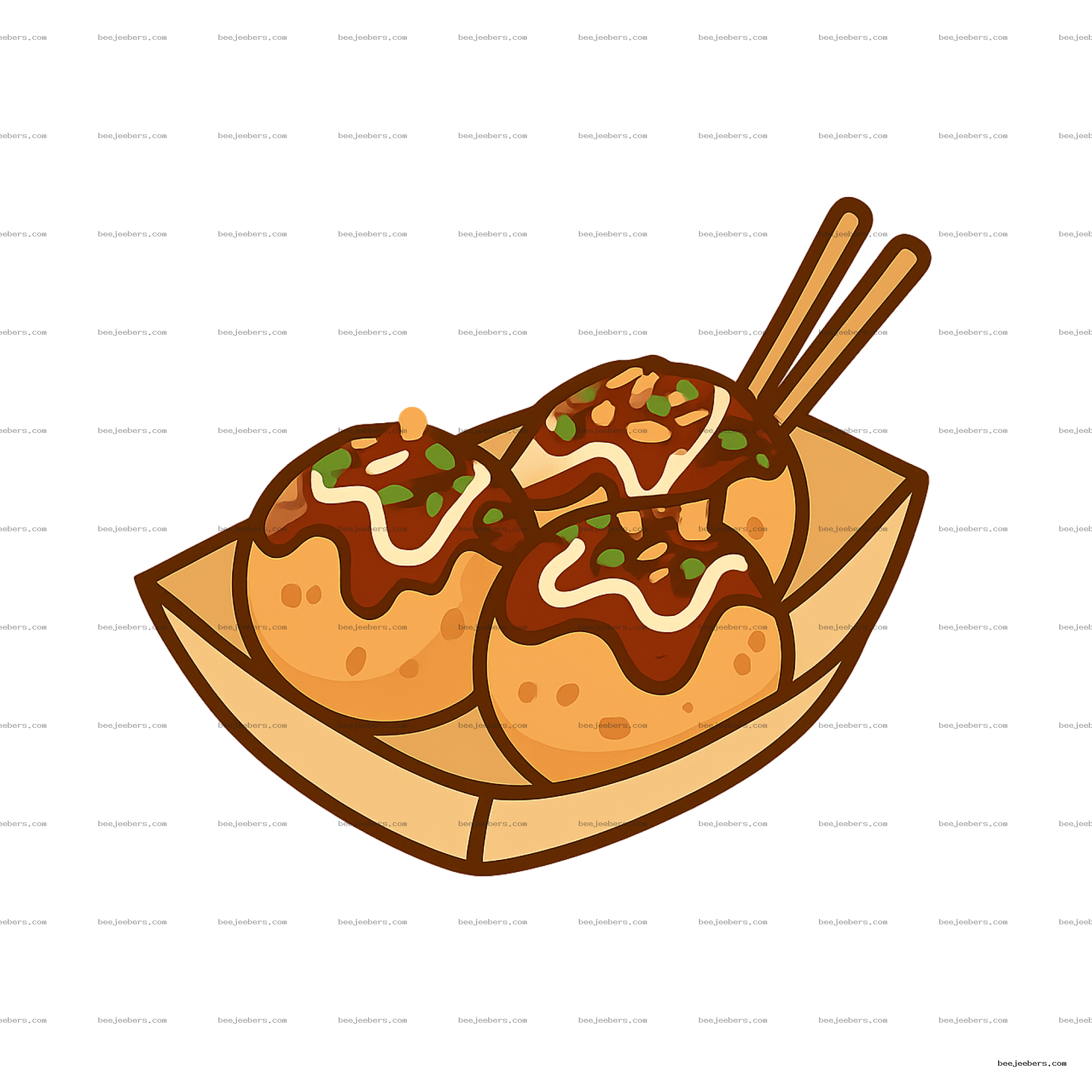 Vector illustration of three takoyaki balls with sauce and chopsticks in a paper tray on transparent background