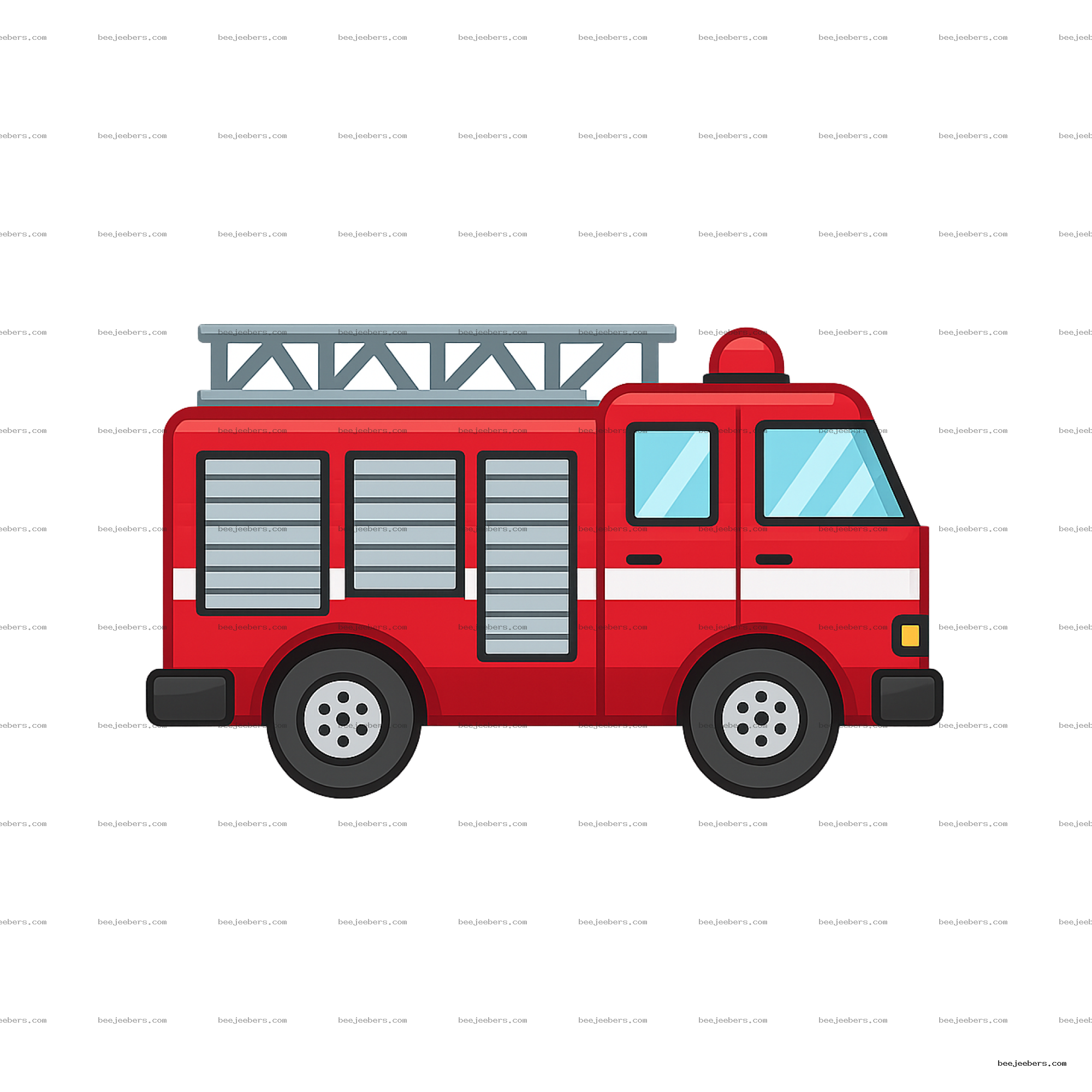 Red fire truck vector illustration with ladder and windows on transparent background
