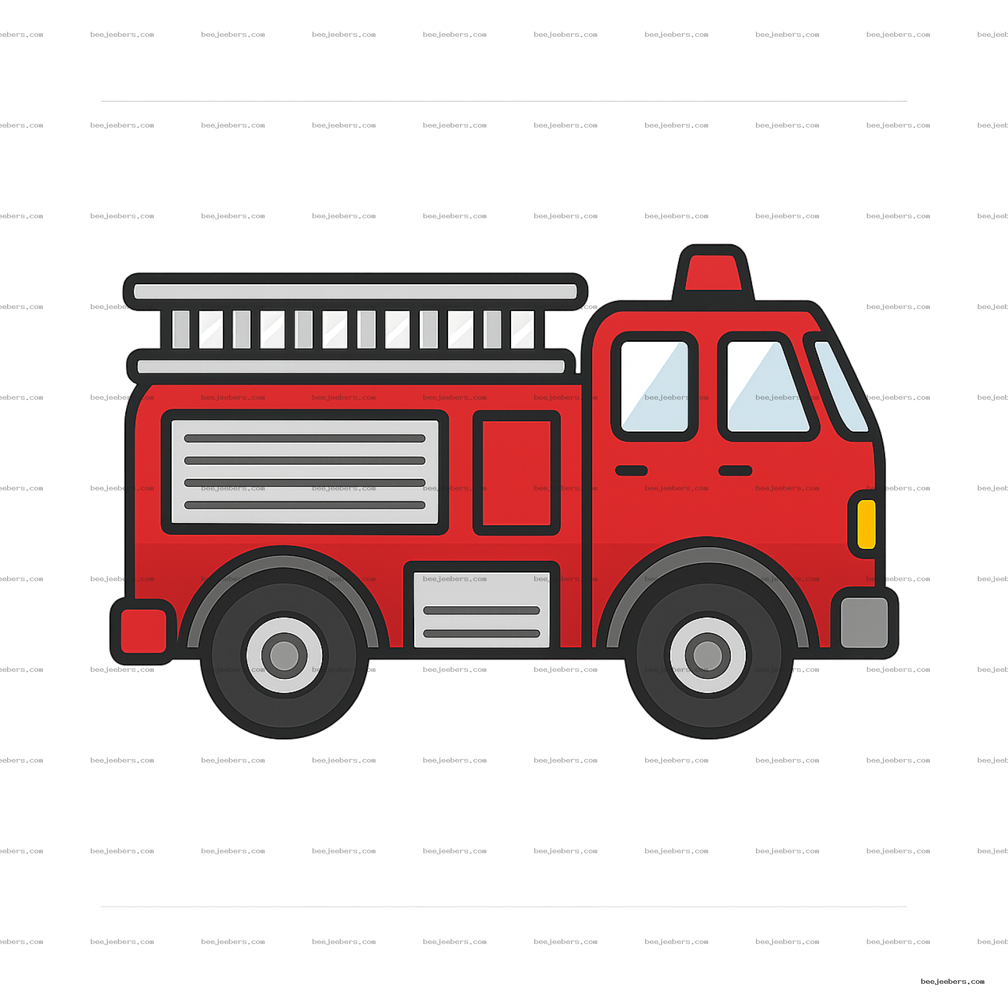 Clean vector illustration of a red fire engine truck side view with ladder and clear windows on transparent background