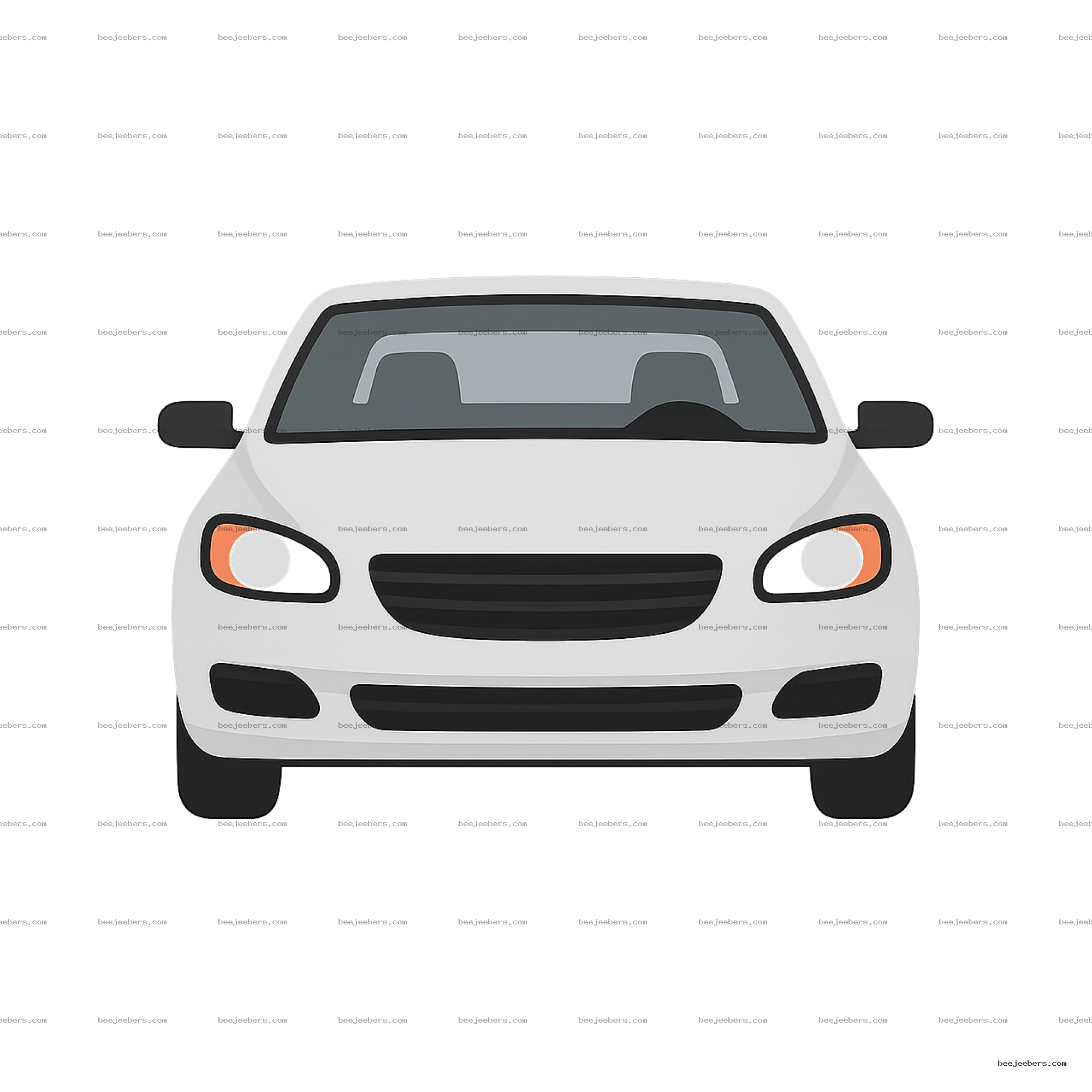 Vector illustration of the front view of a white car with headlights and windshield