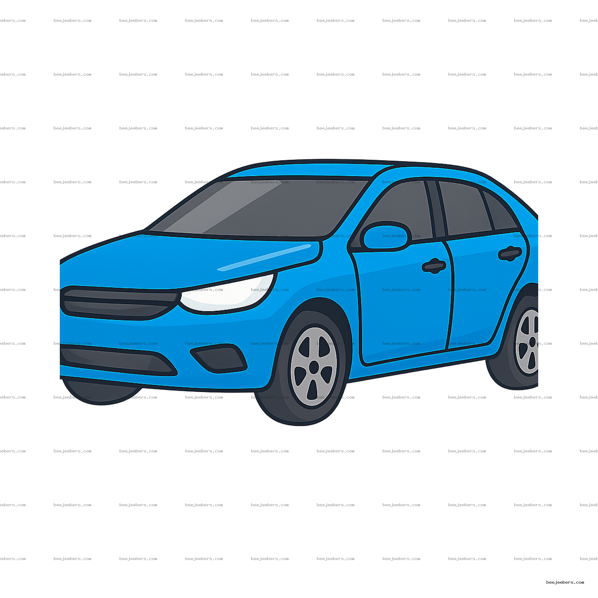 Clean vector blue car illustration with transparent background in front-side view