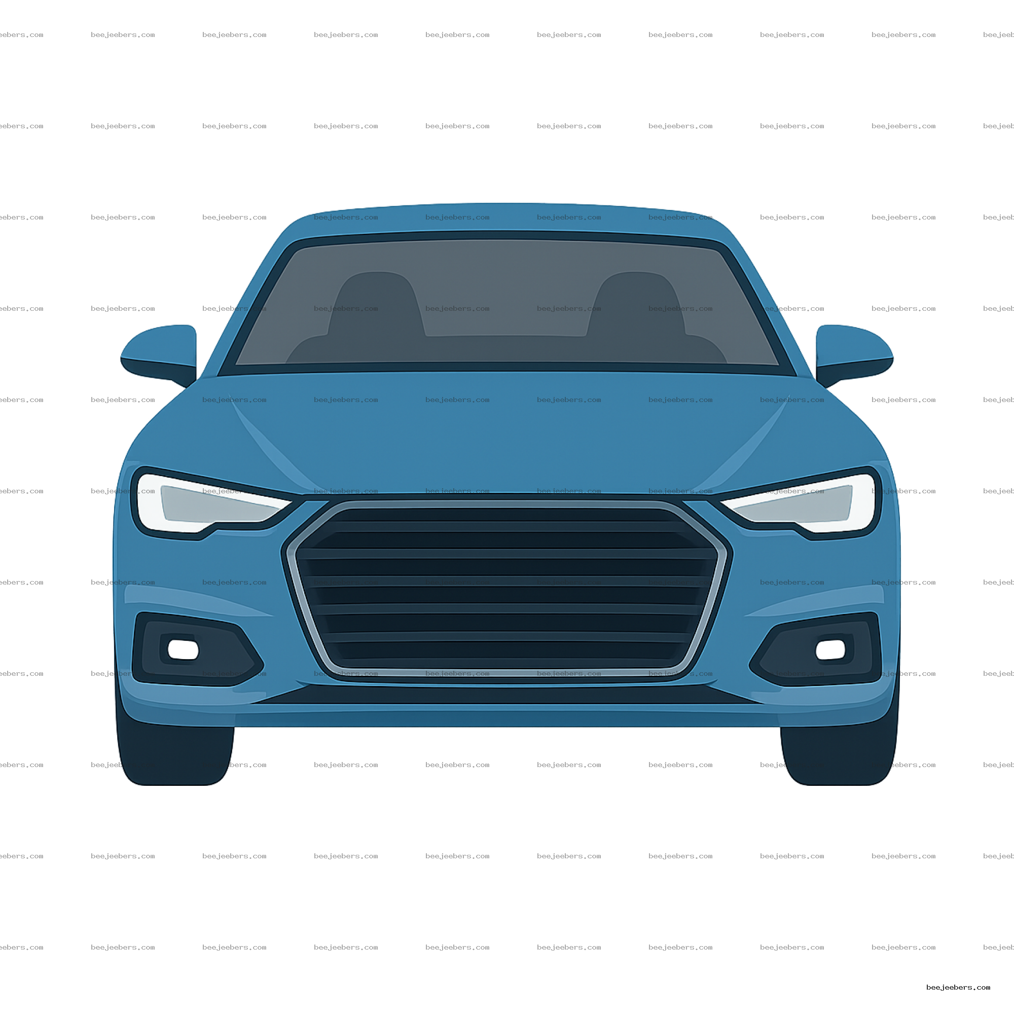 Clean vector illustration of a blue car front view with transparent background