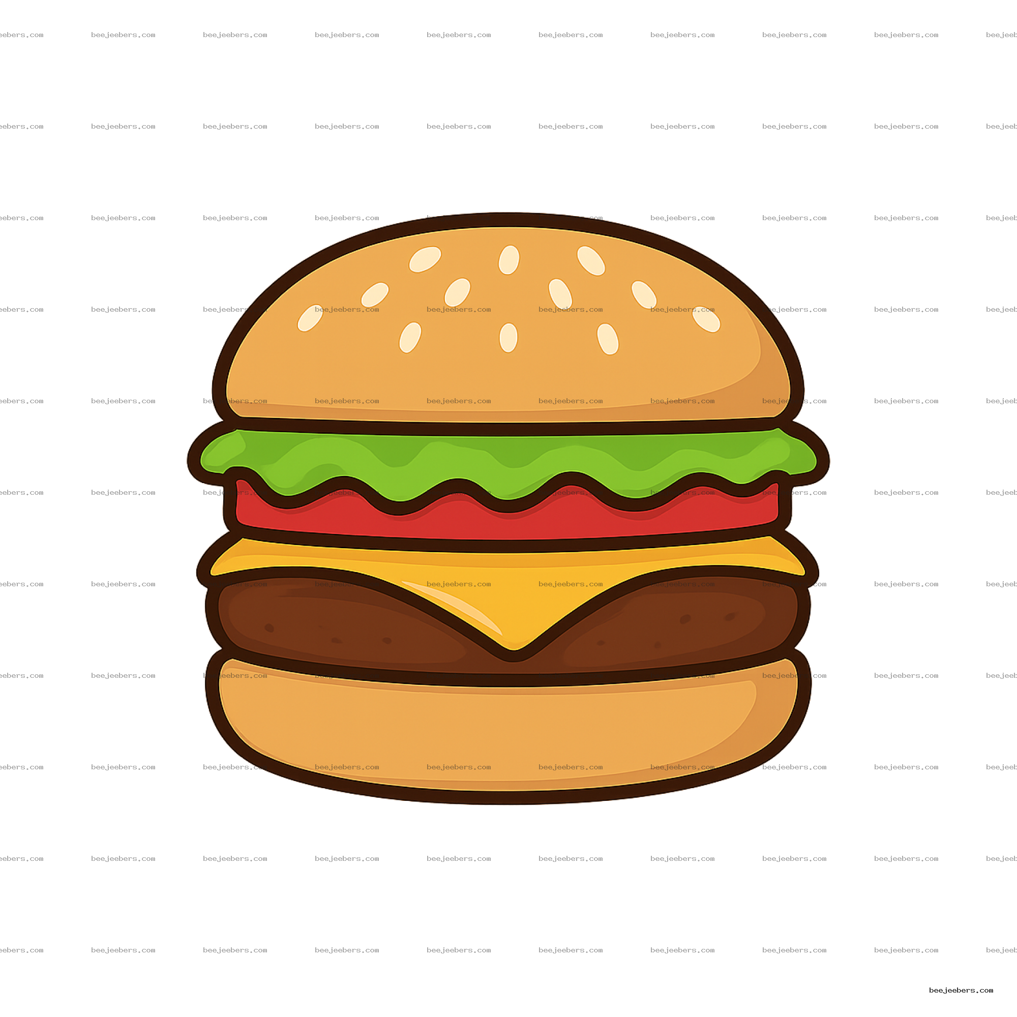 Vector transparent PNG of a cheeseburger with lettuce, tomato, cheese, and sesame seed bun.