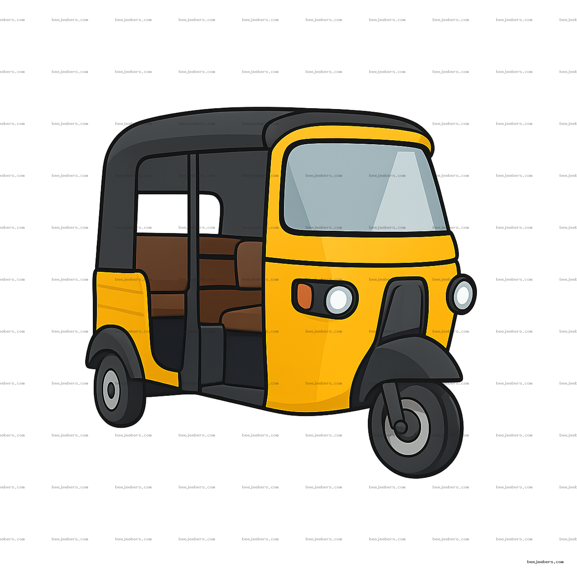 Clean vector illustration of a yellow and black auto rickshaw with transparent background