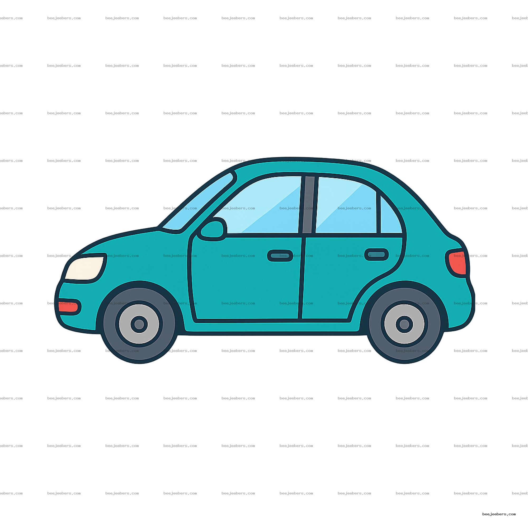 Teal compact car side view vector clipart with transparent background in a clean flat illustration style