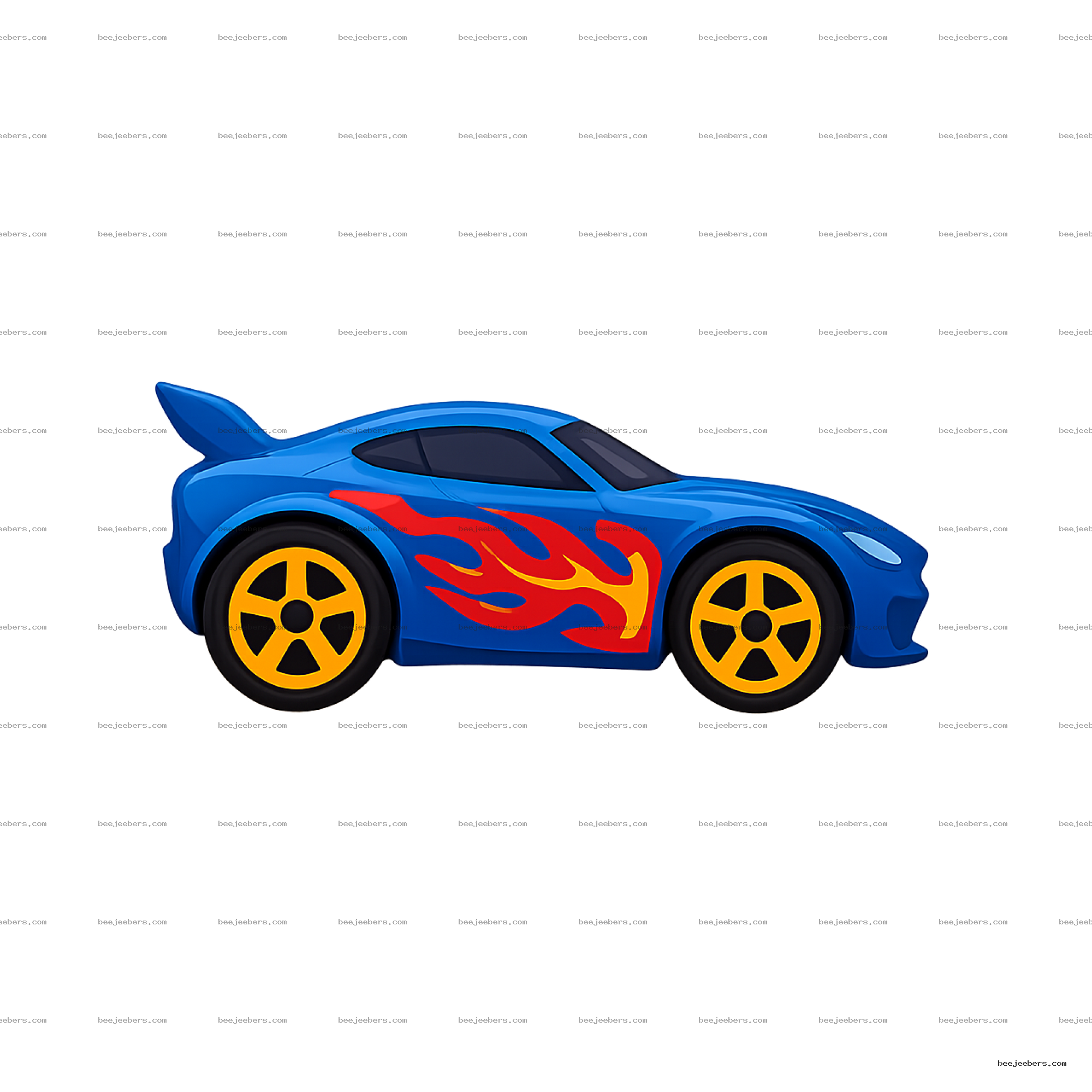 Blue toy race car digital PNG with flame decals and yellow wheels on transparent background