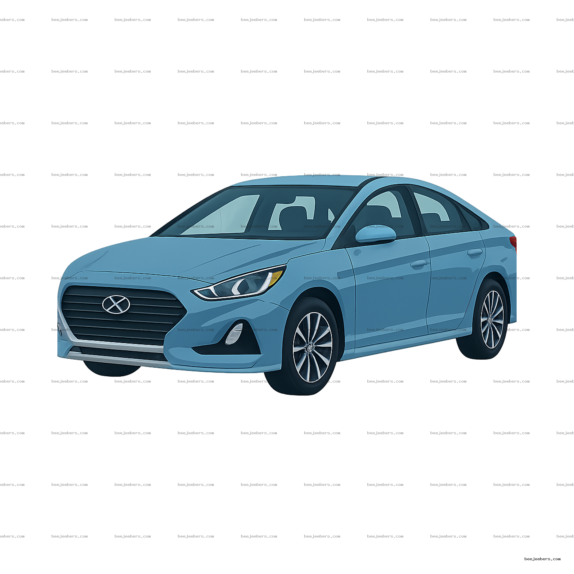 Clean vector PNG of a blue compact sedan car viewed from front side on transparent background