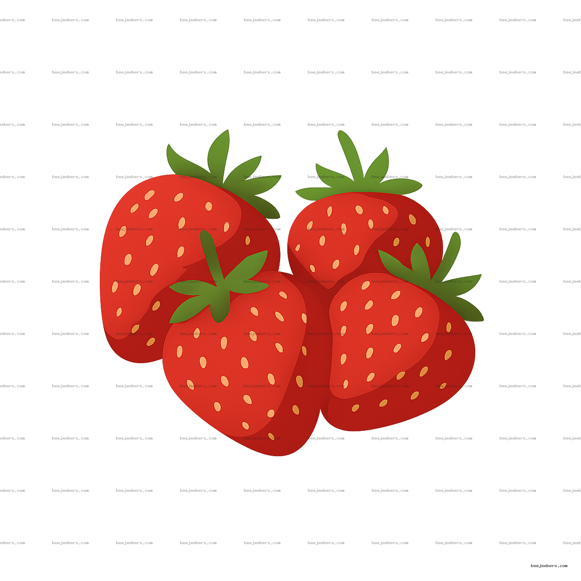 Cluster of clean vector strawberries with green leaves and seeds on transparent background
