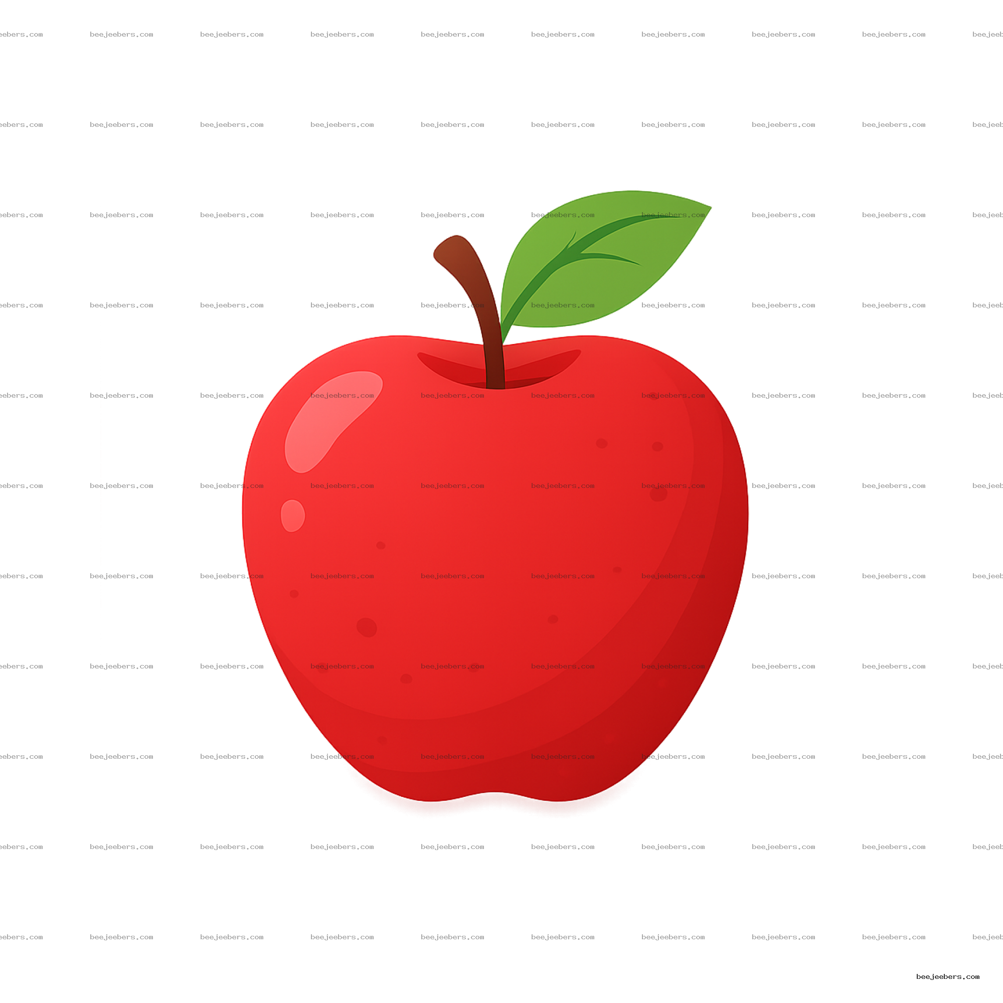 Clean vector illustration of a red apple with one green leaf and brown stem on a transparent background
