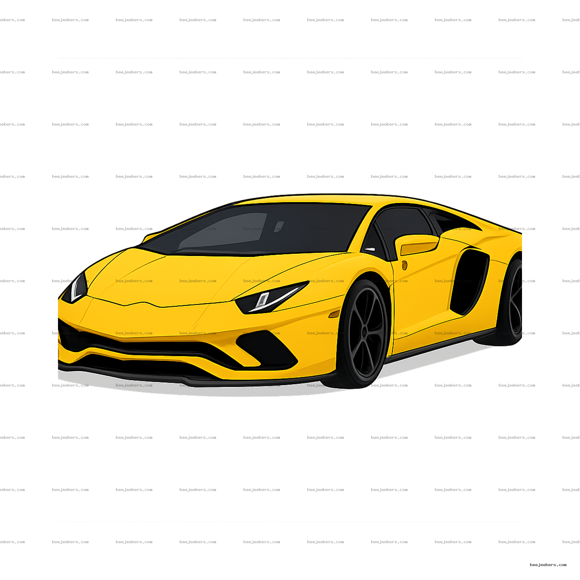 Yellow luxury sports car vector illustration, clean lines, transparent background, front angled view
