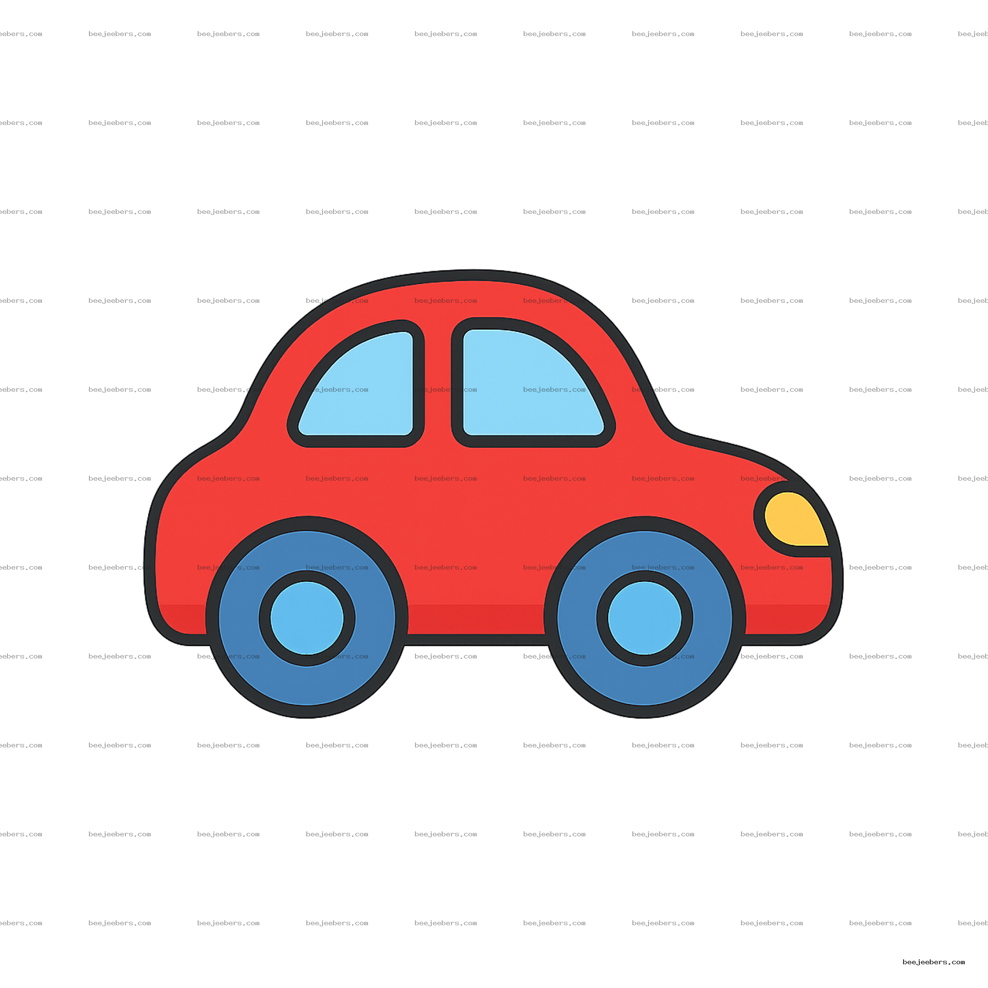 Red toy car vector clipart with blue windows and wheels on transparent background