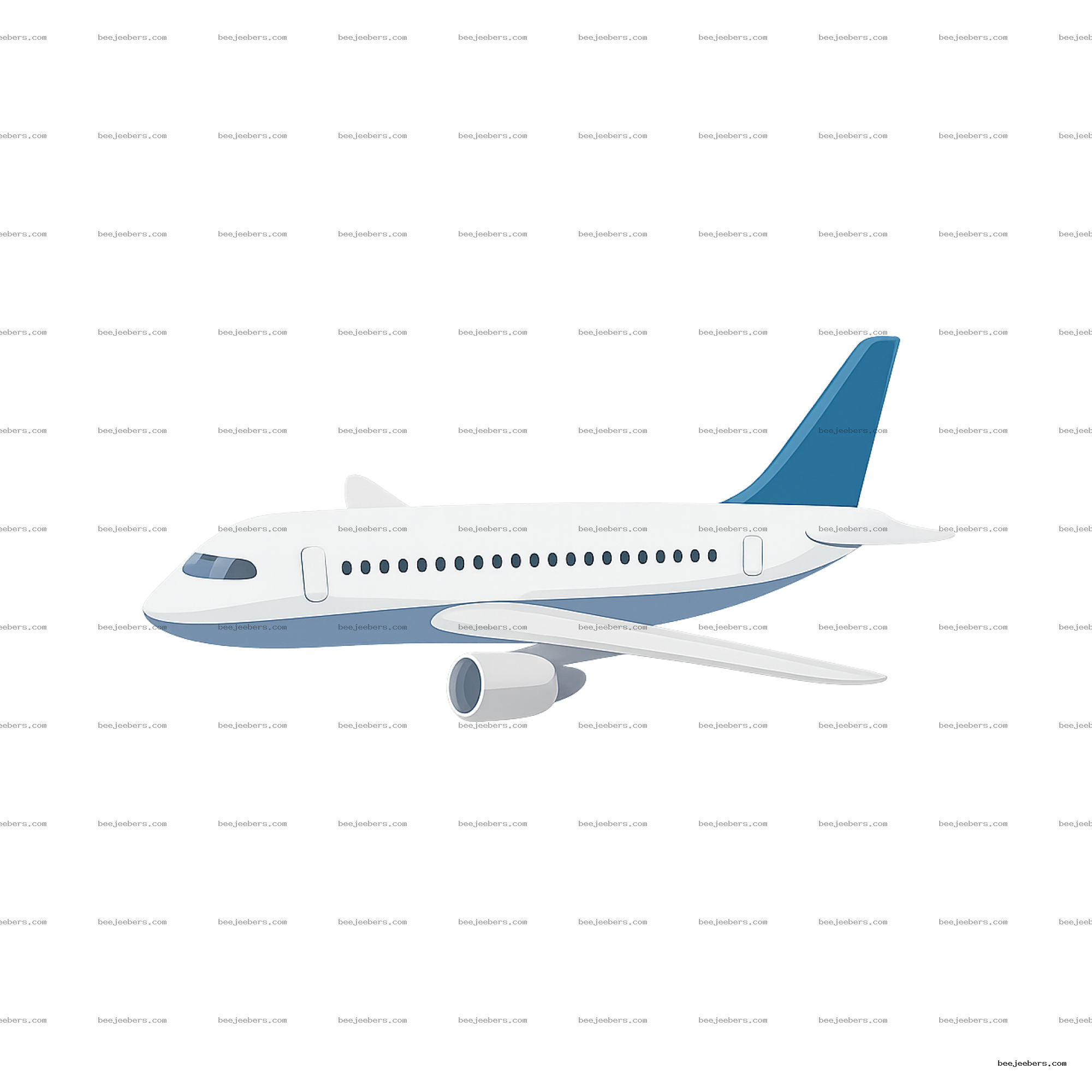 Clean vector side view of white passenger airplane with blue tail and engines on transparent background