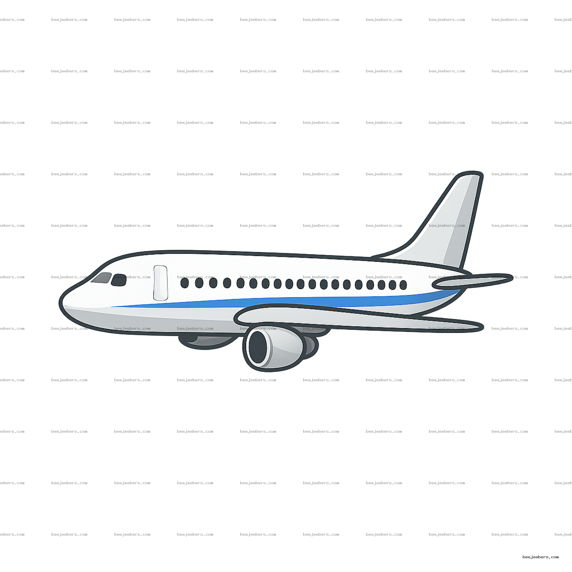 Clean vector illustration of a white commercial airplane side view with blue stripes
