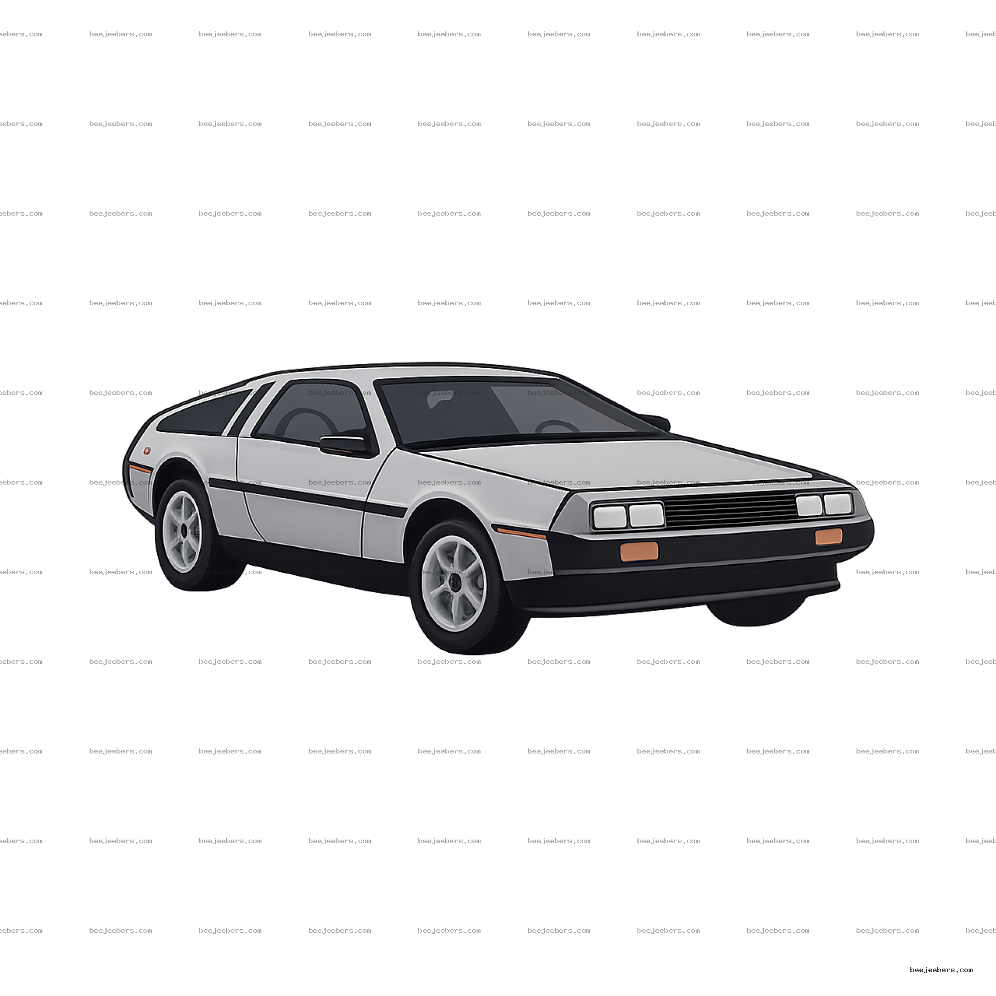 Clean vector illustration of classic white DeLorean car side-front view with transparent background
