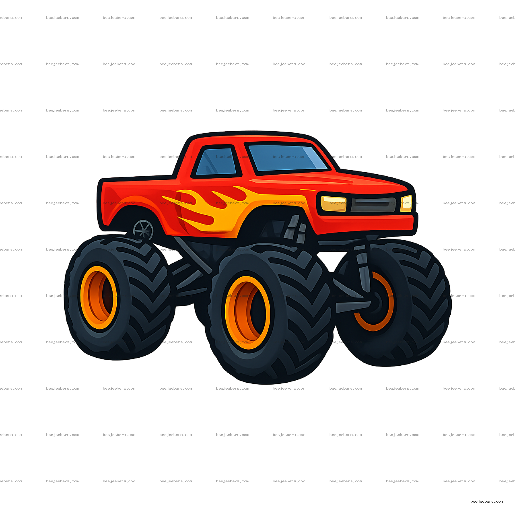 Clean vector red monster truck with flame decals and large wheels on transparent background