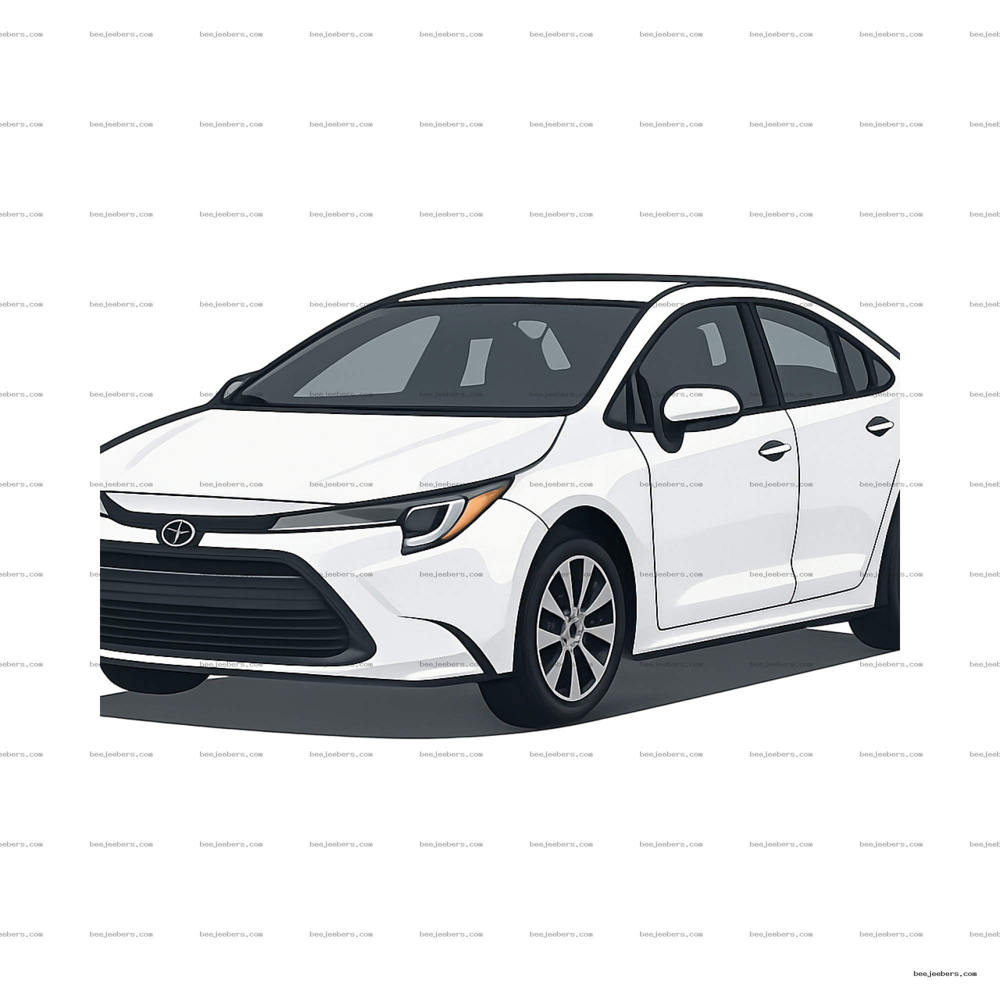 Clean vector illustration of a white modern sedan car viewed from the side with transparent background