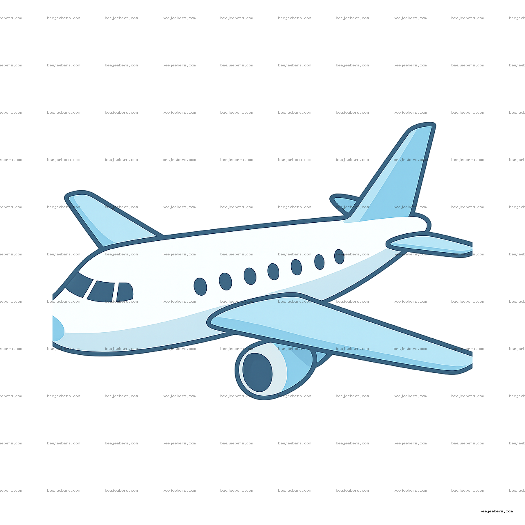 Clean vector illustration of a commercial airplane in white and light blue with transparent background