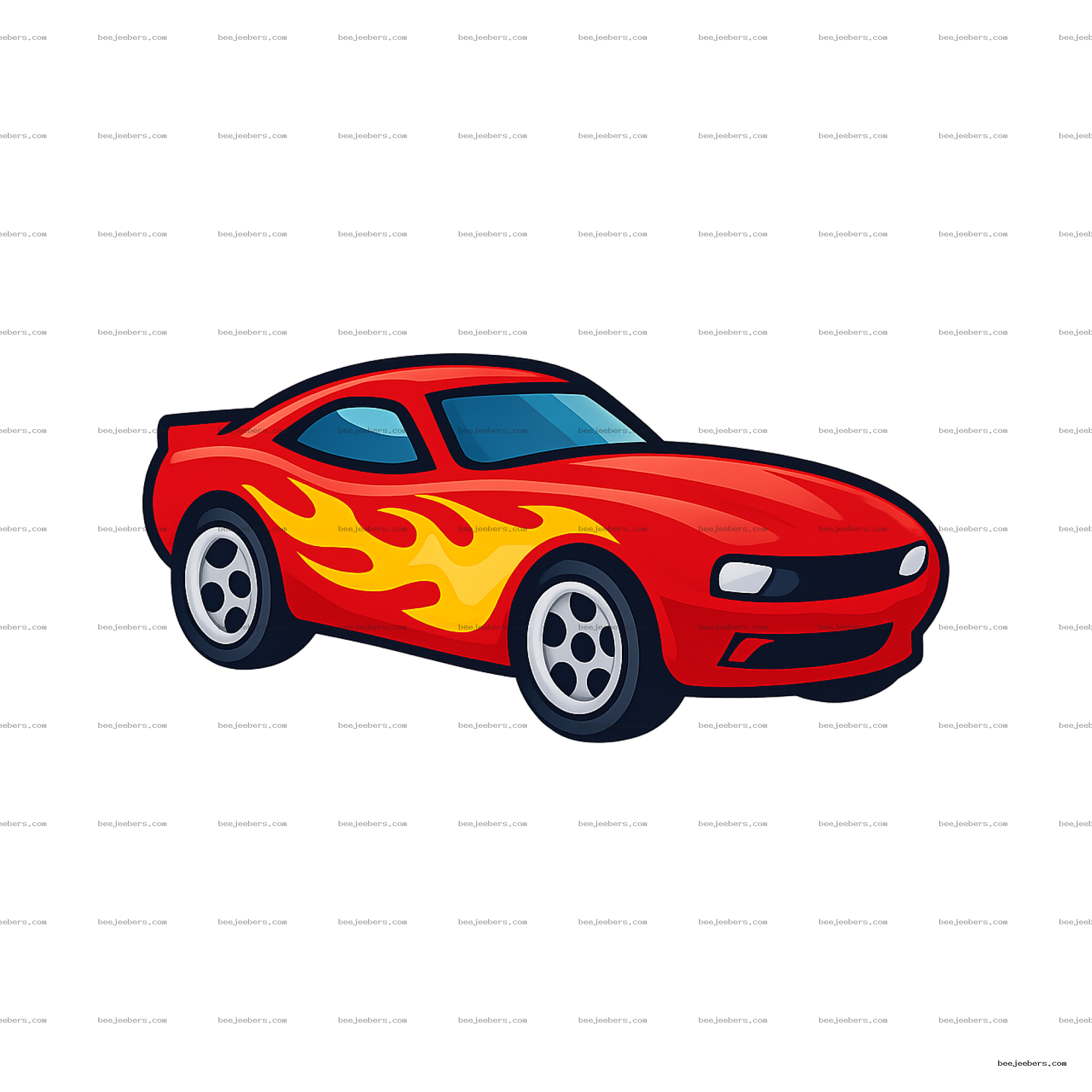 Clean vector red sports car with yellow and orange flames in a side view with transparent background.