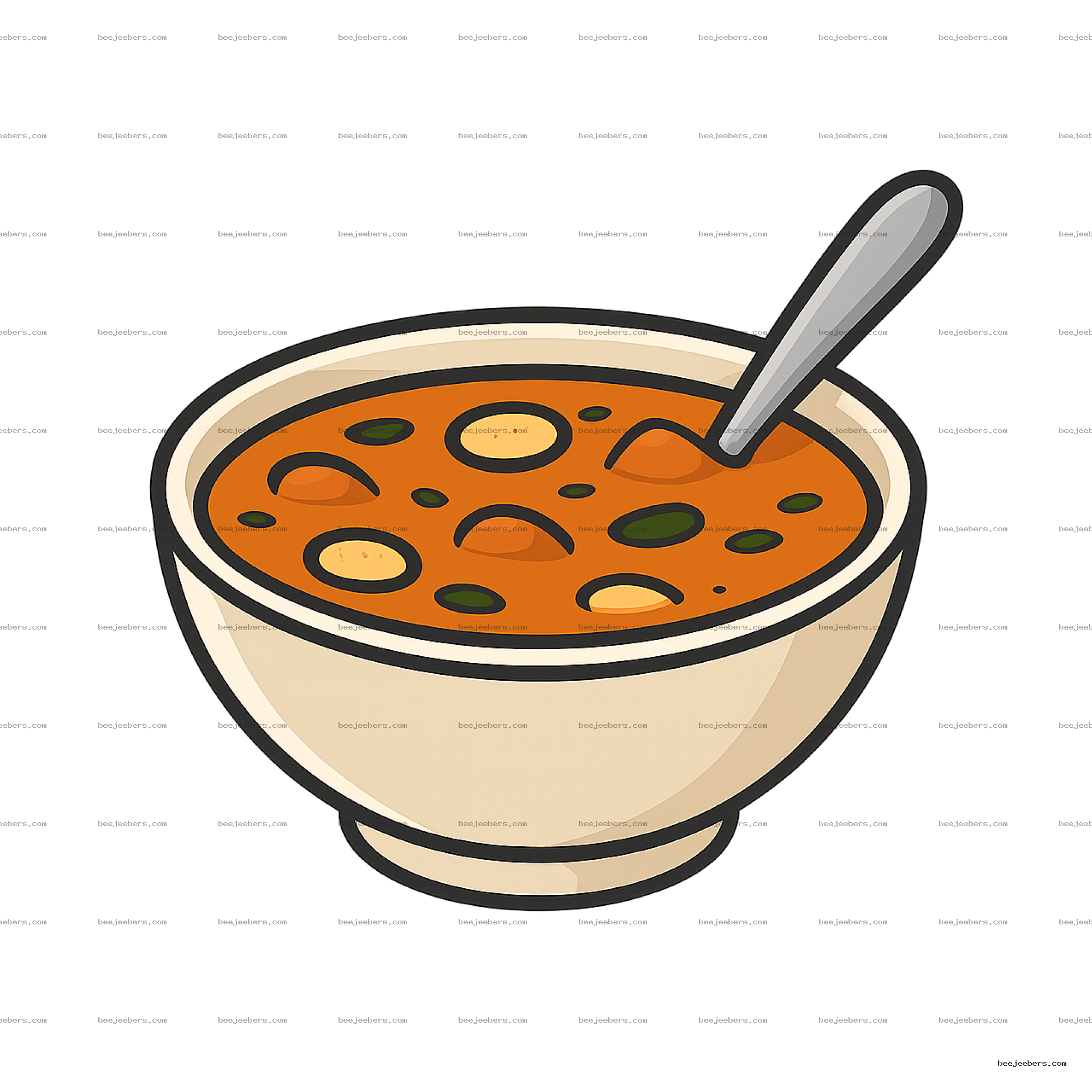 Vector clipart of a beige bowl filled with orange soup and spoon on transparent background