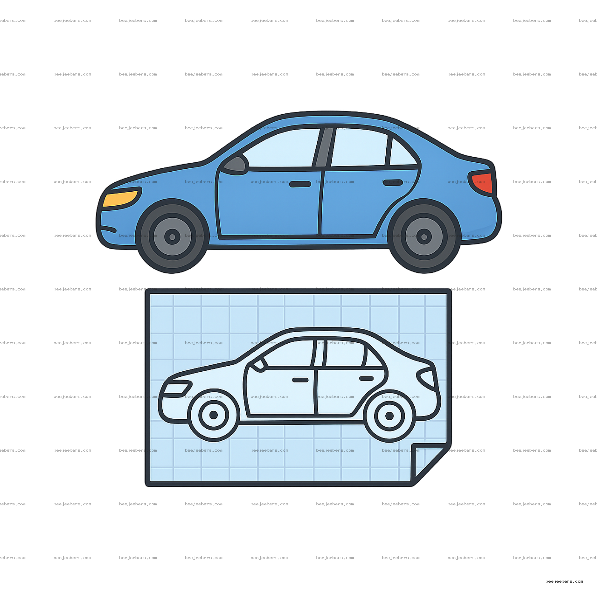 Vector PNG car plan with blue solid car and white blueprint car on grid background