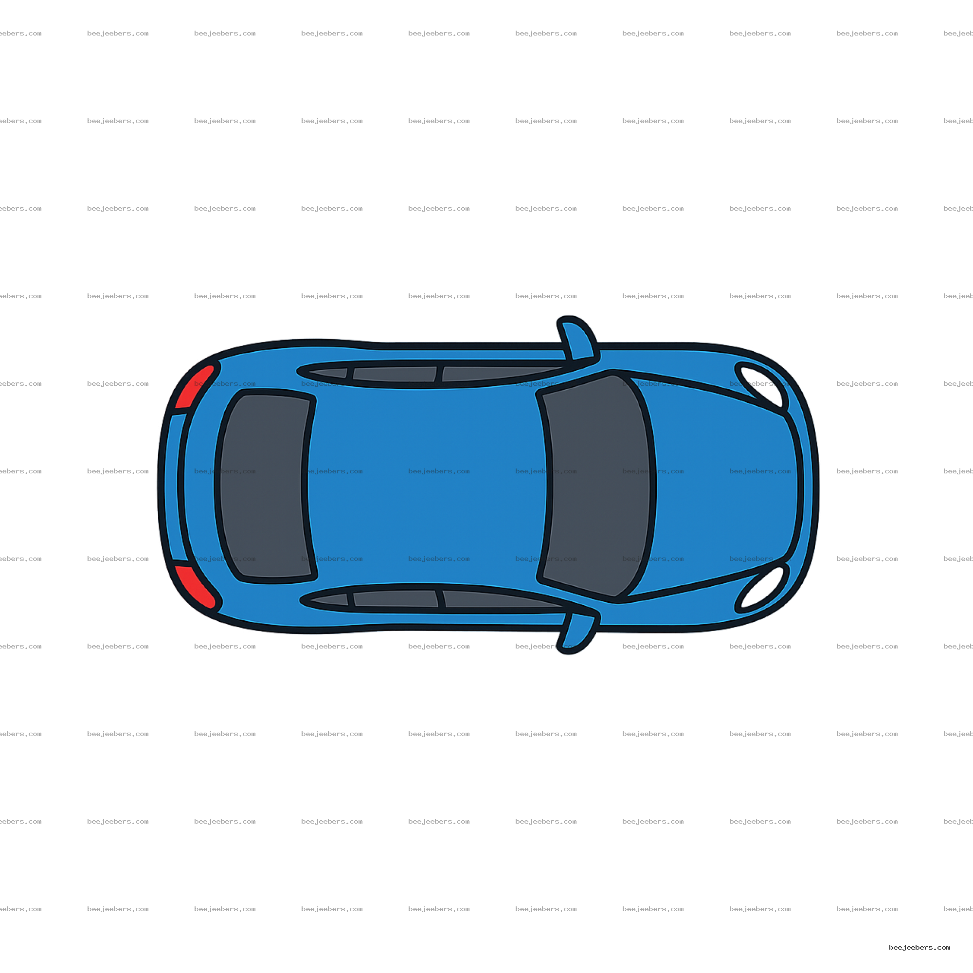Top-down clean vector PNG illustration of a blue car with dark windows and red tail lights