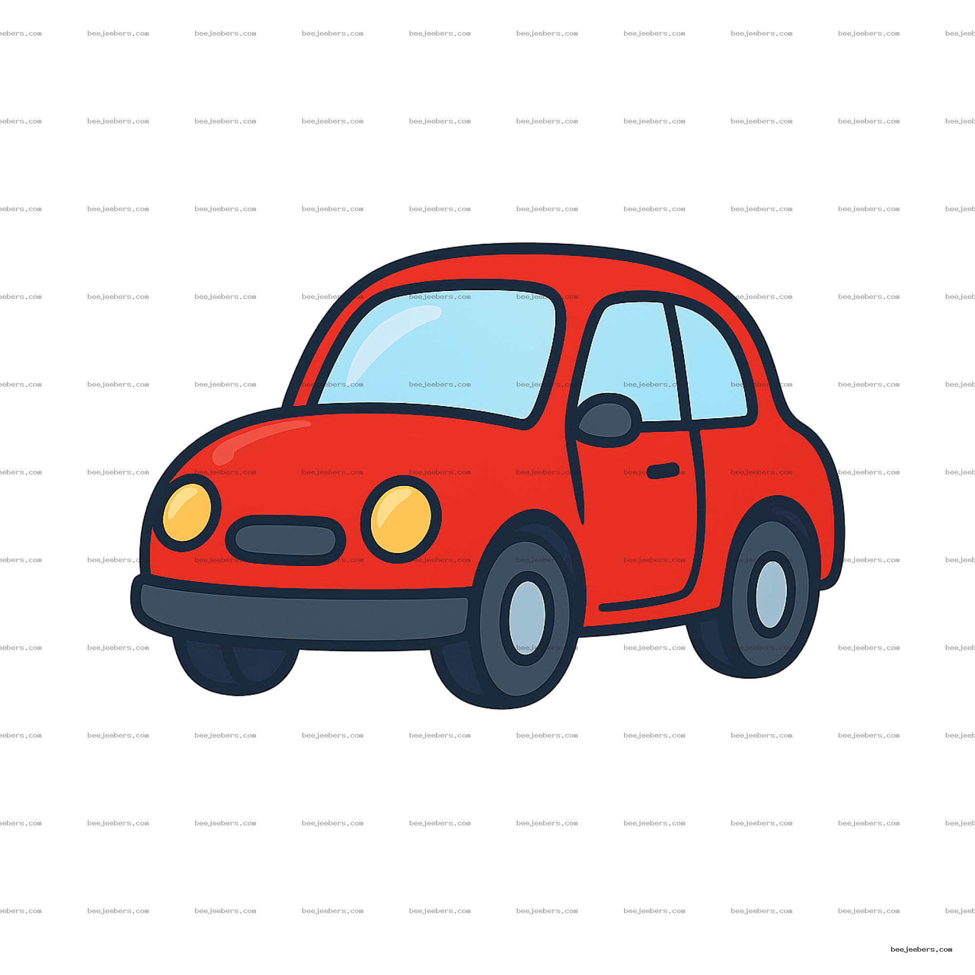 Red cartoon car clipart with rounded shape and transparent background