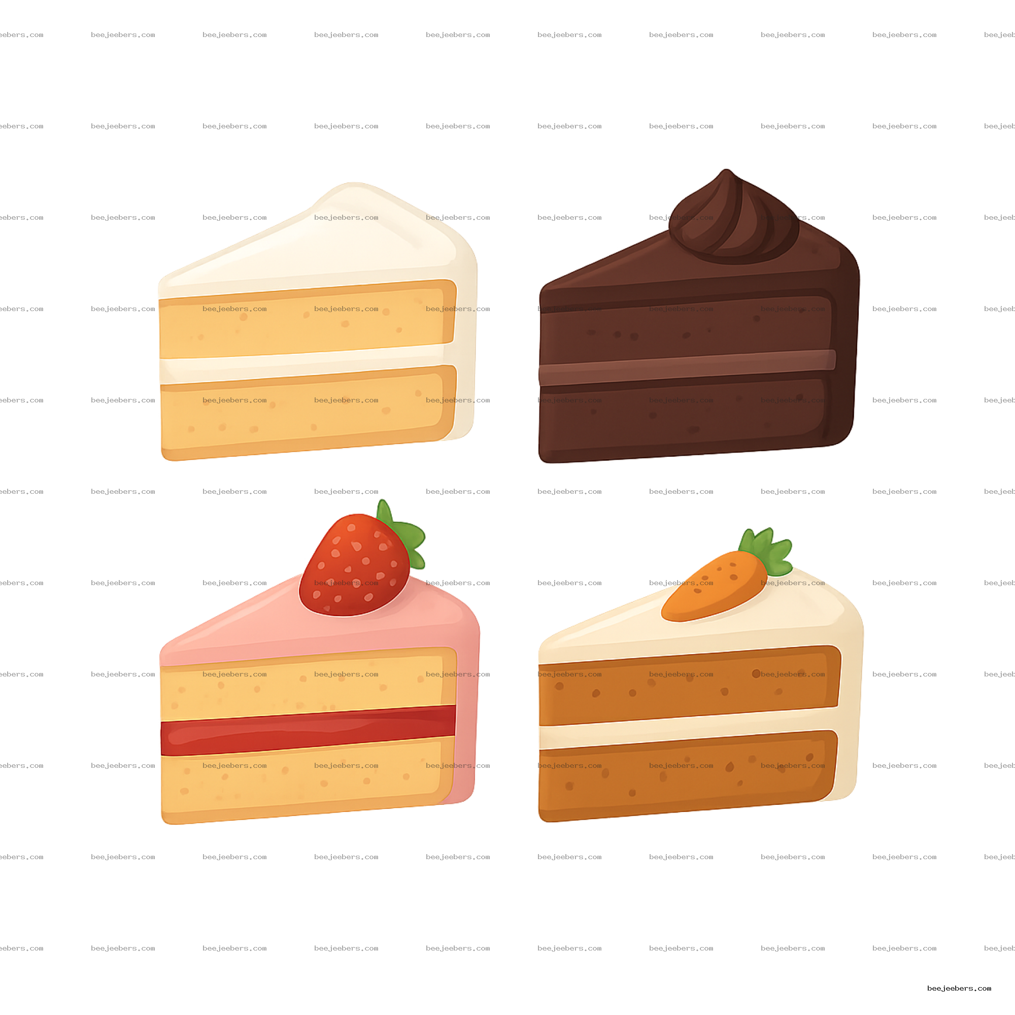 Vector PNG of four cake slices with frosting and fruit toppings in vanilla, chocolate, strawberry, and carrot flavors