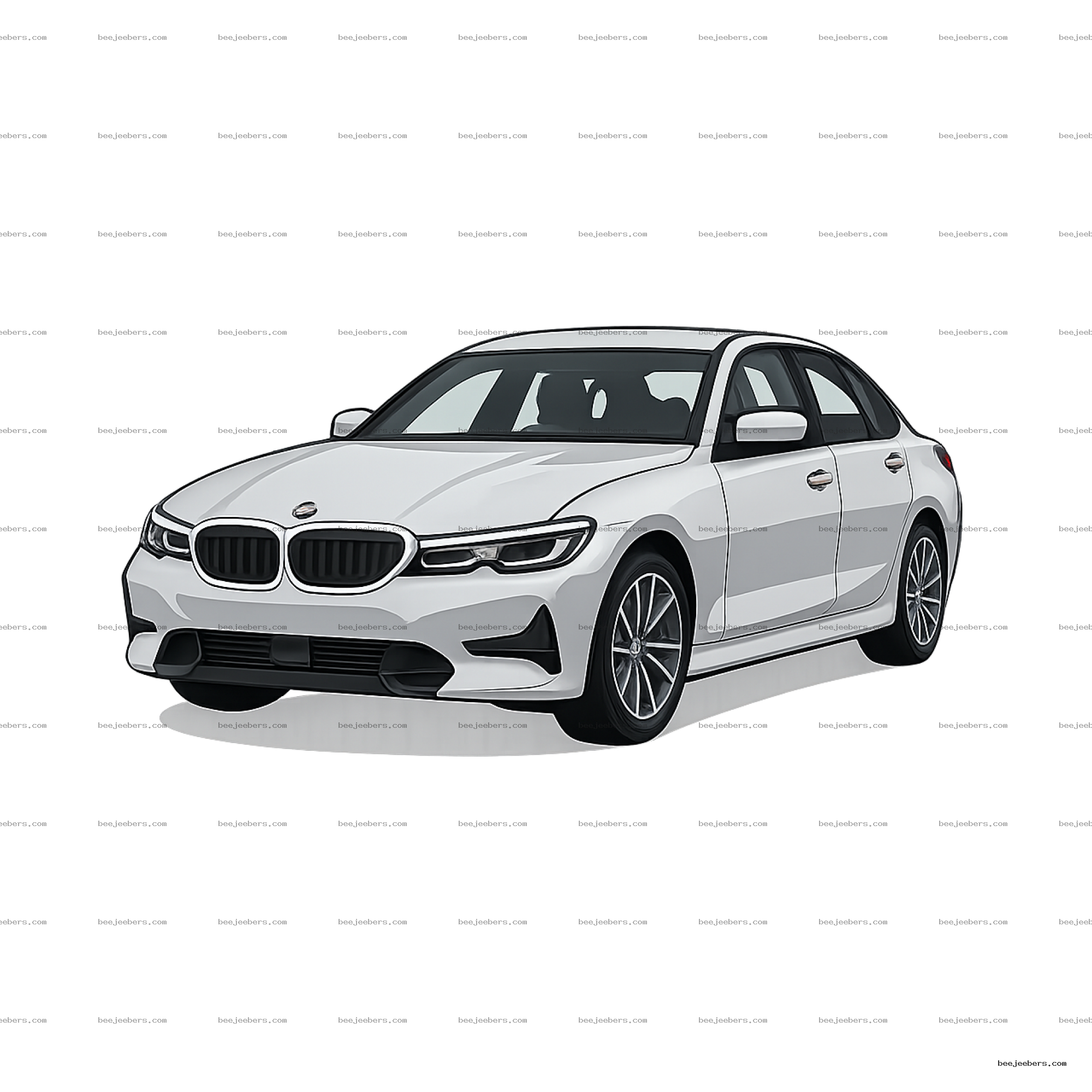Front side view of a white sedan car in clean vector style with transparent background
