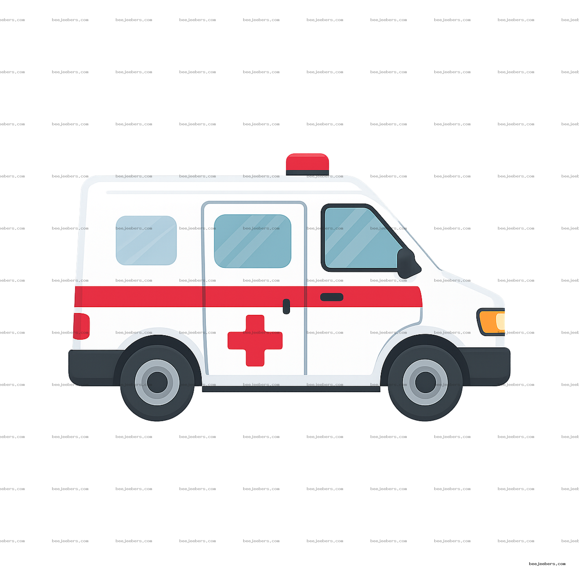 Side view vector illustration of white ambulance with red cross and siren on transparent background