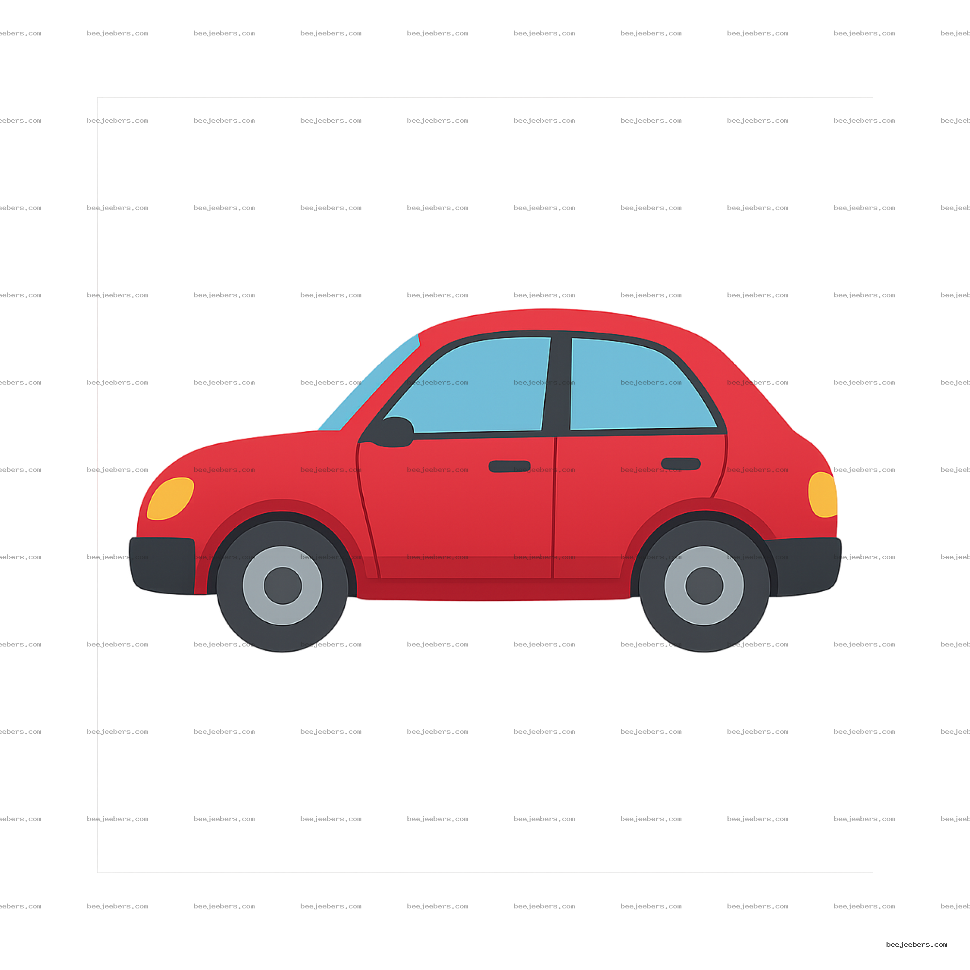 Side view of a red compact car with blue windows and black tires in clean vector style on transparent background