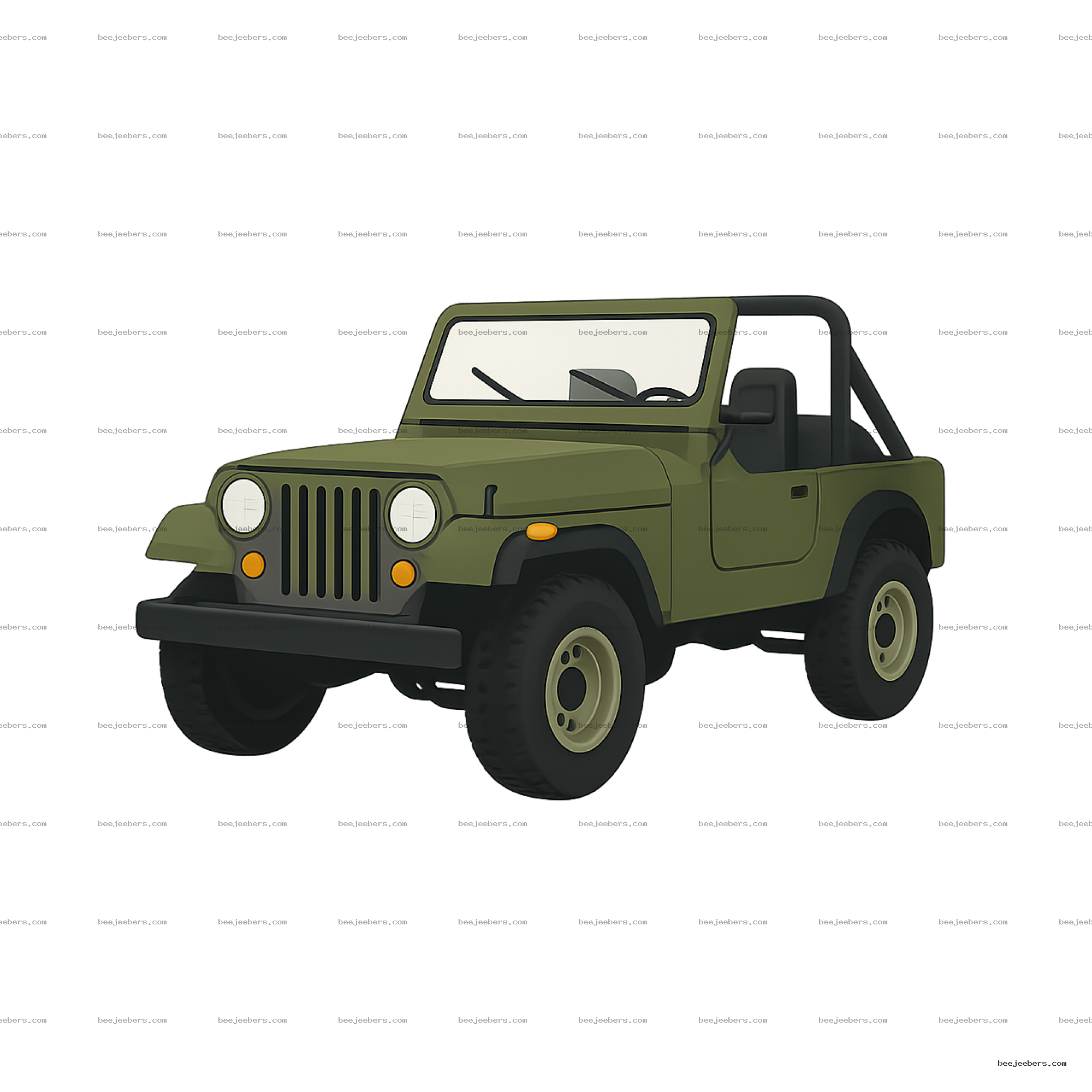 Vector PNG of olive green military jeep vehicle with black trim and round headlights